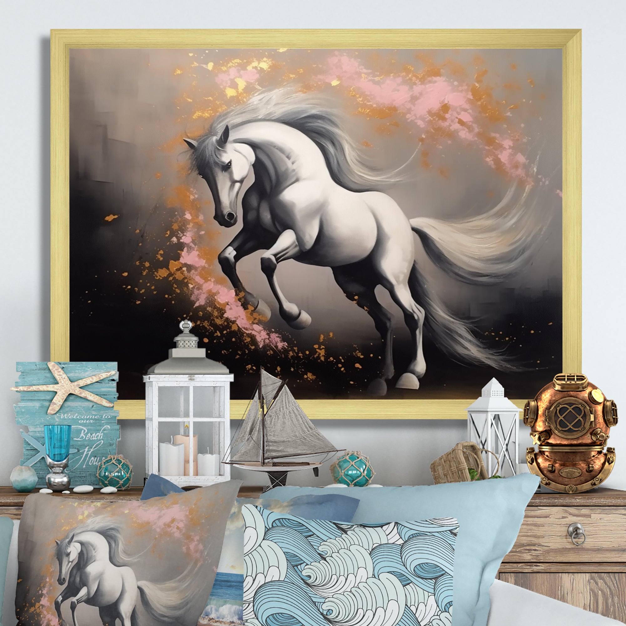 White Pink horse On The Run - Horse Framed Canvas Art
