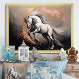 White Pink horse On The Run - Horse Framed Canvas Art
