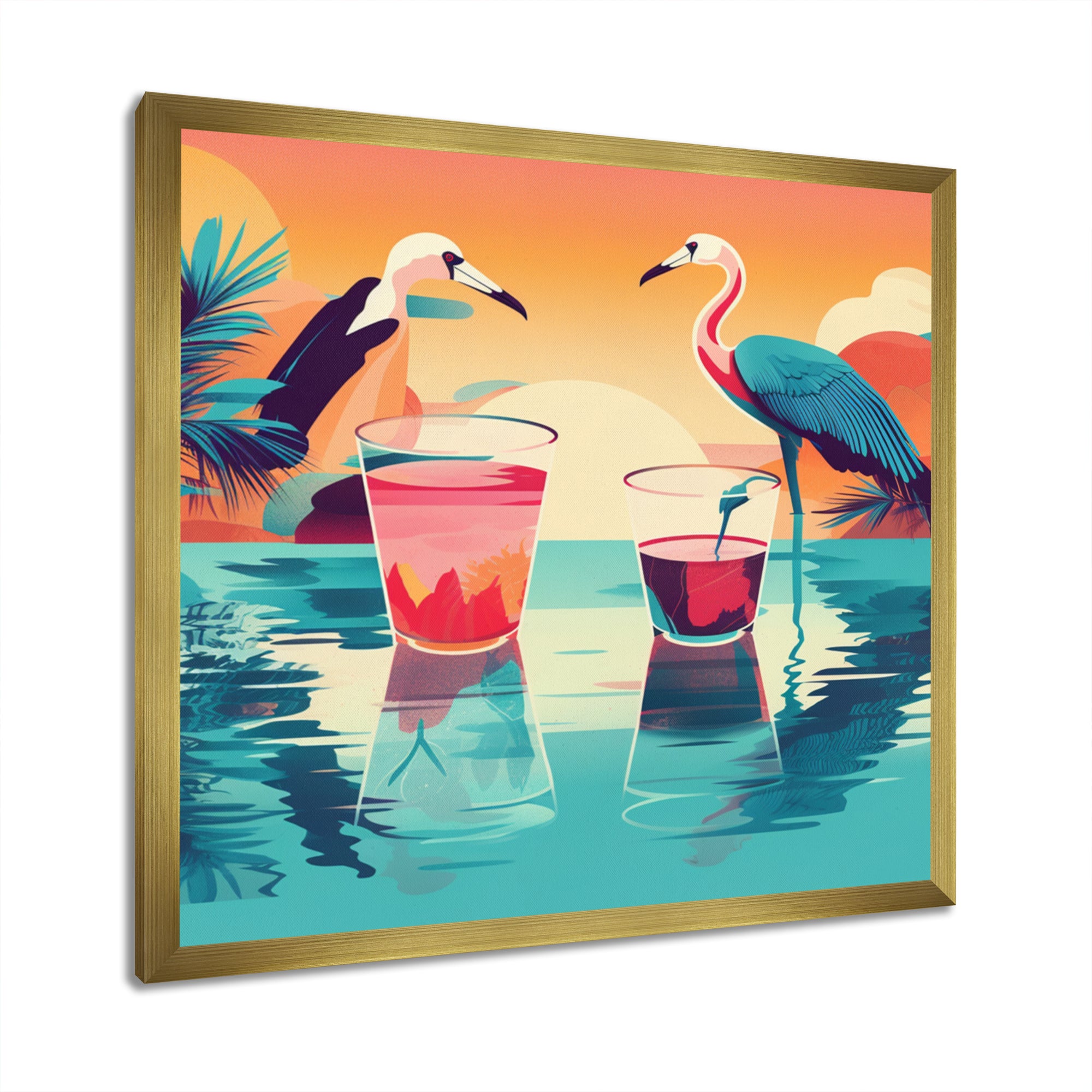 Blue Pink Flamingos In The Sea At Sunset - Flamingo Living Room Wall Art