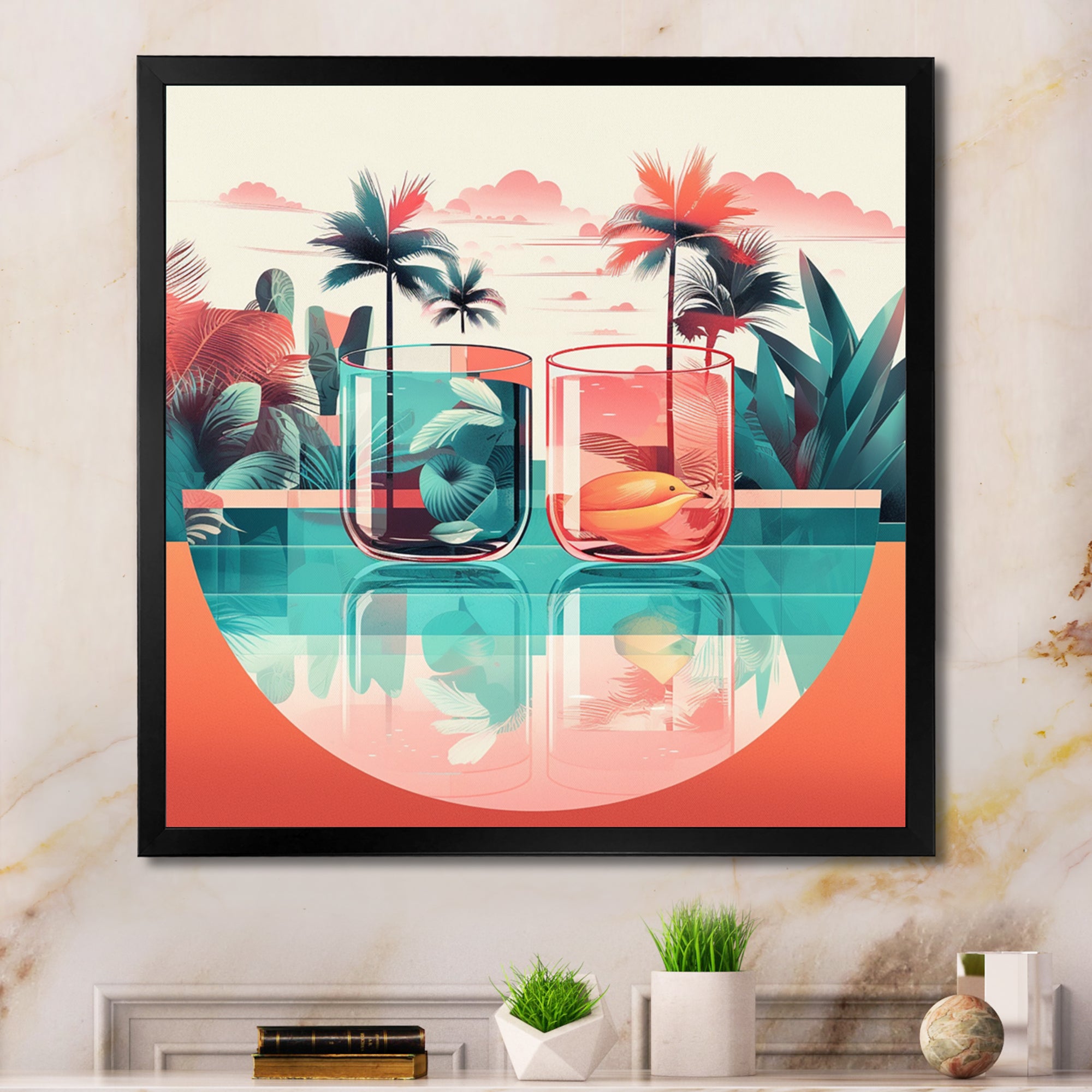 Orange Green Tropical Drinks In Paradise - Flamingo Bedroom Wall Art