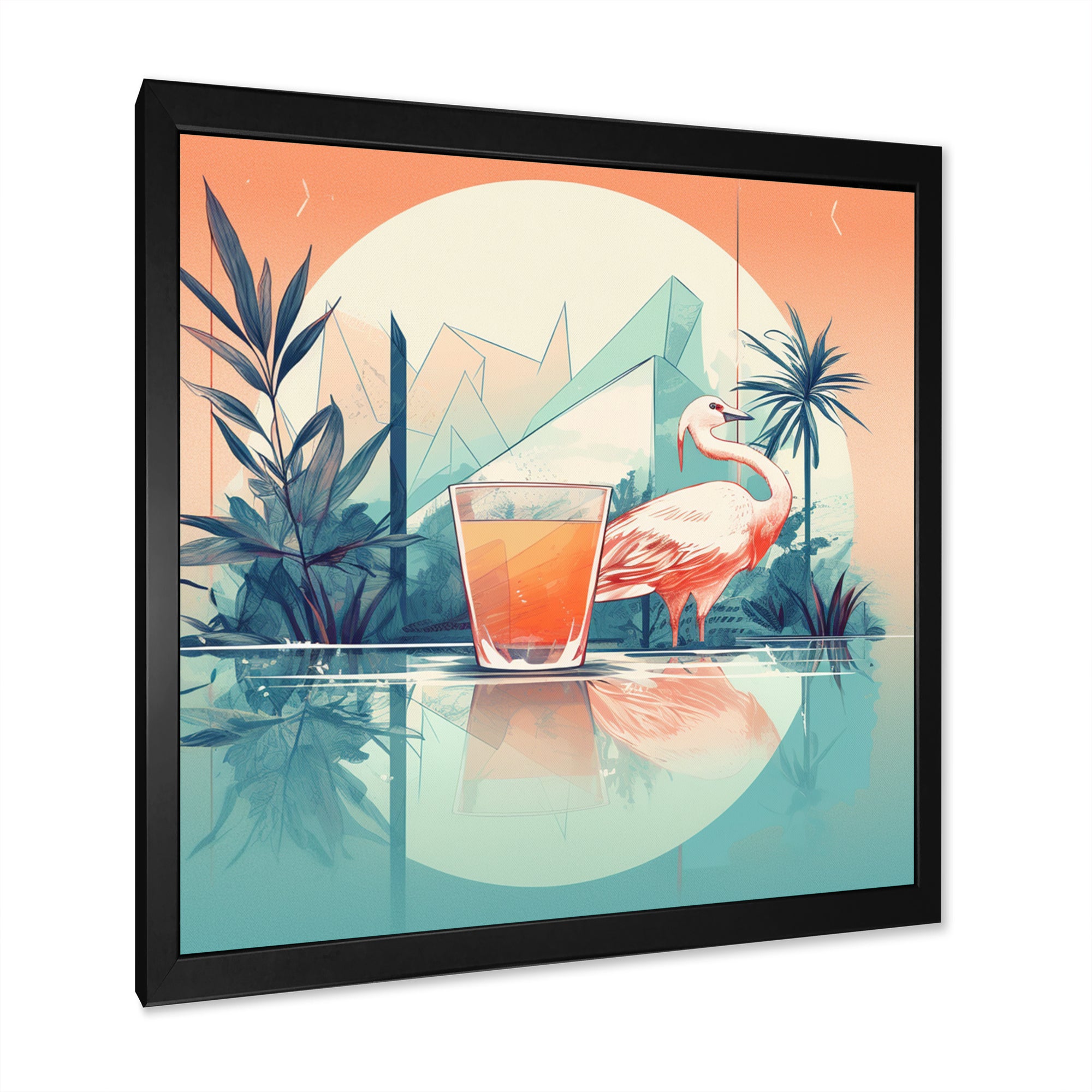 Orange Green Flamingo With A Drink - Flamingo Canvas Wall Art