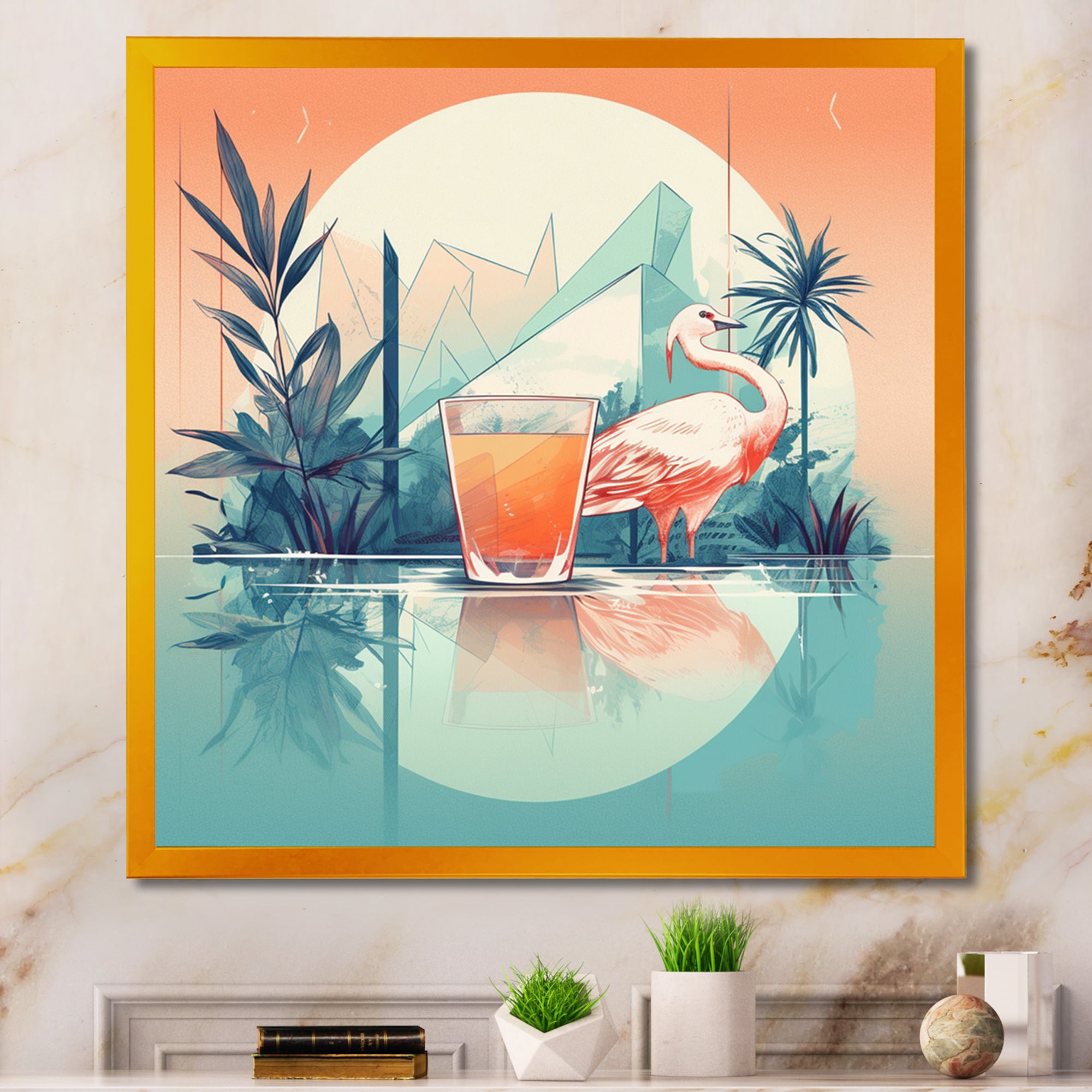 Orange Green Flamingo With A Drink - Flamingo Canvas Wall Art