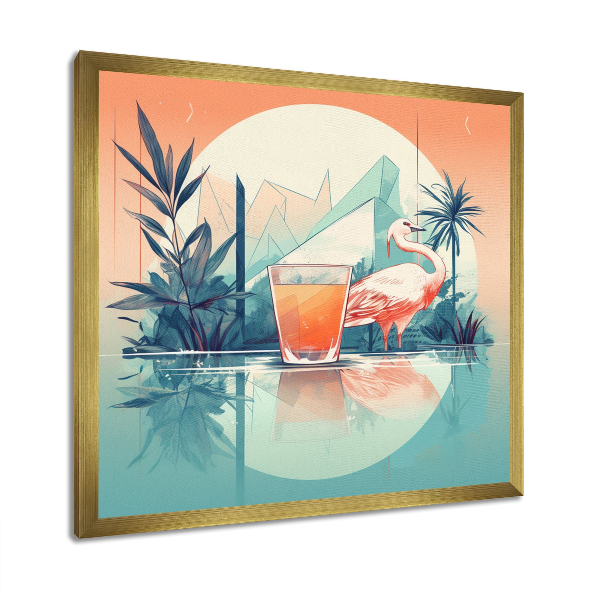 Orange Green Flamingo With A Drink - Flamingo Canvas Wall Art