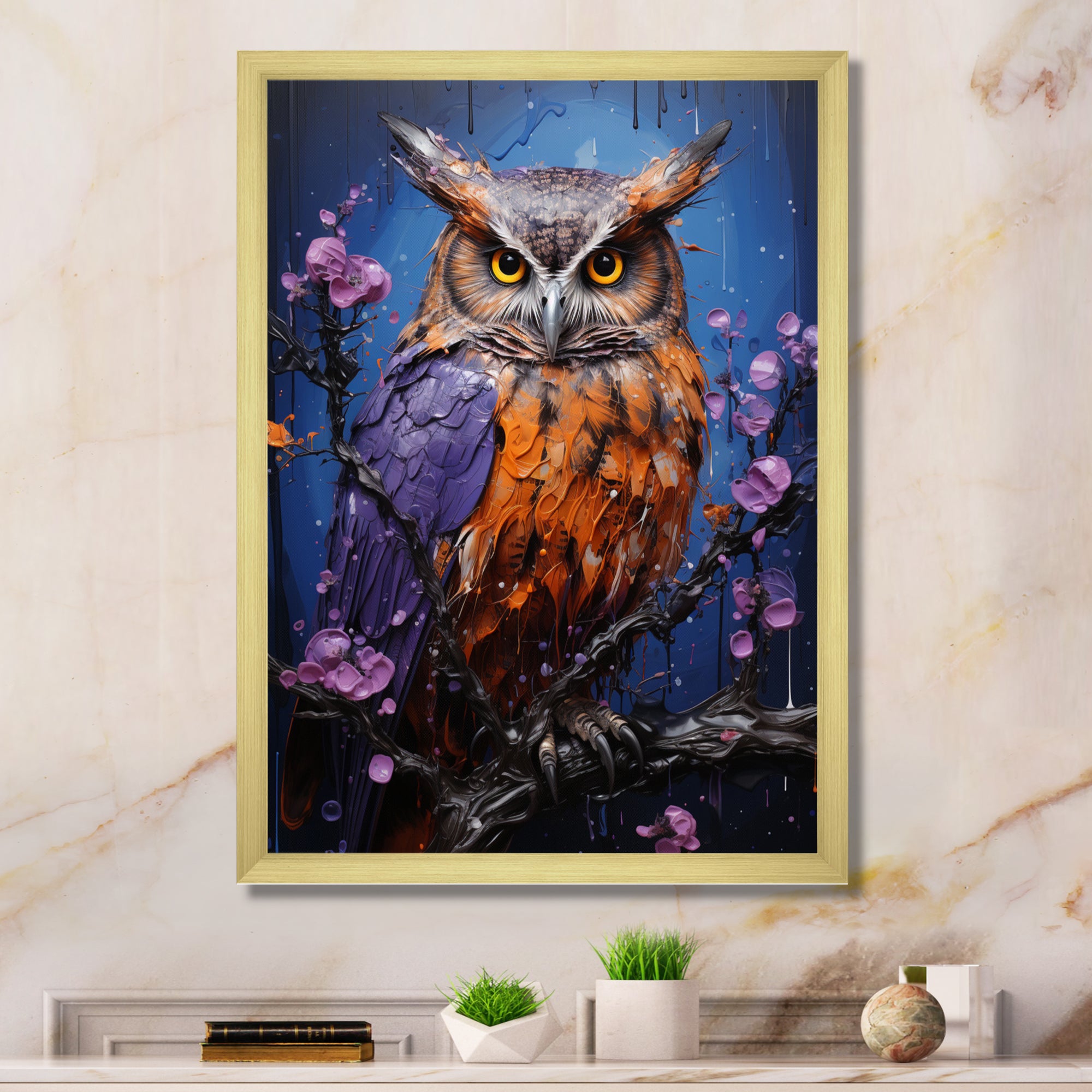Purple Animal Amethyst Owl Drips - Owl Canvas Wall Art