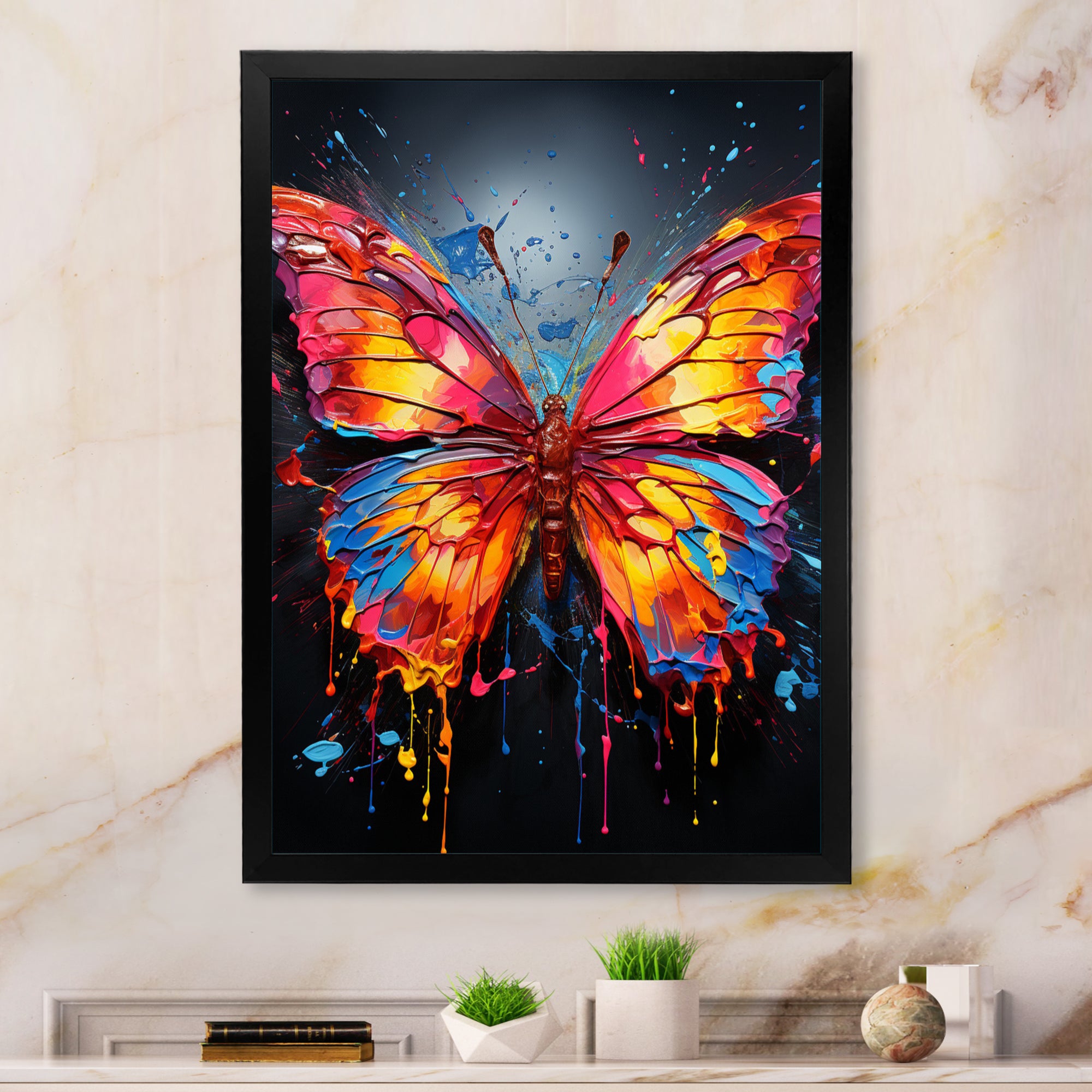 Coral Yellow Neon Butterfly Electric - Butterfly Framed Canvas Art