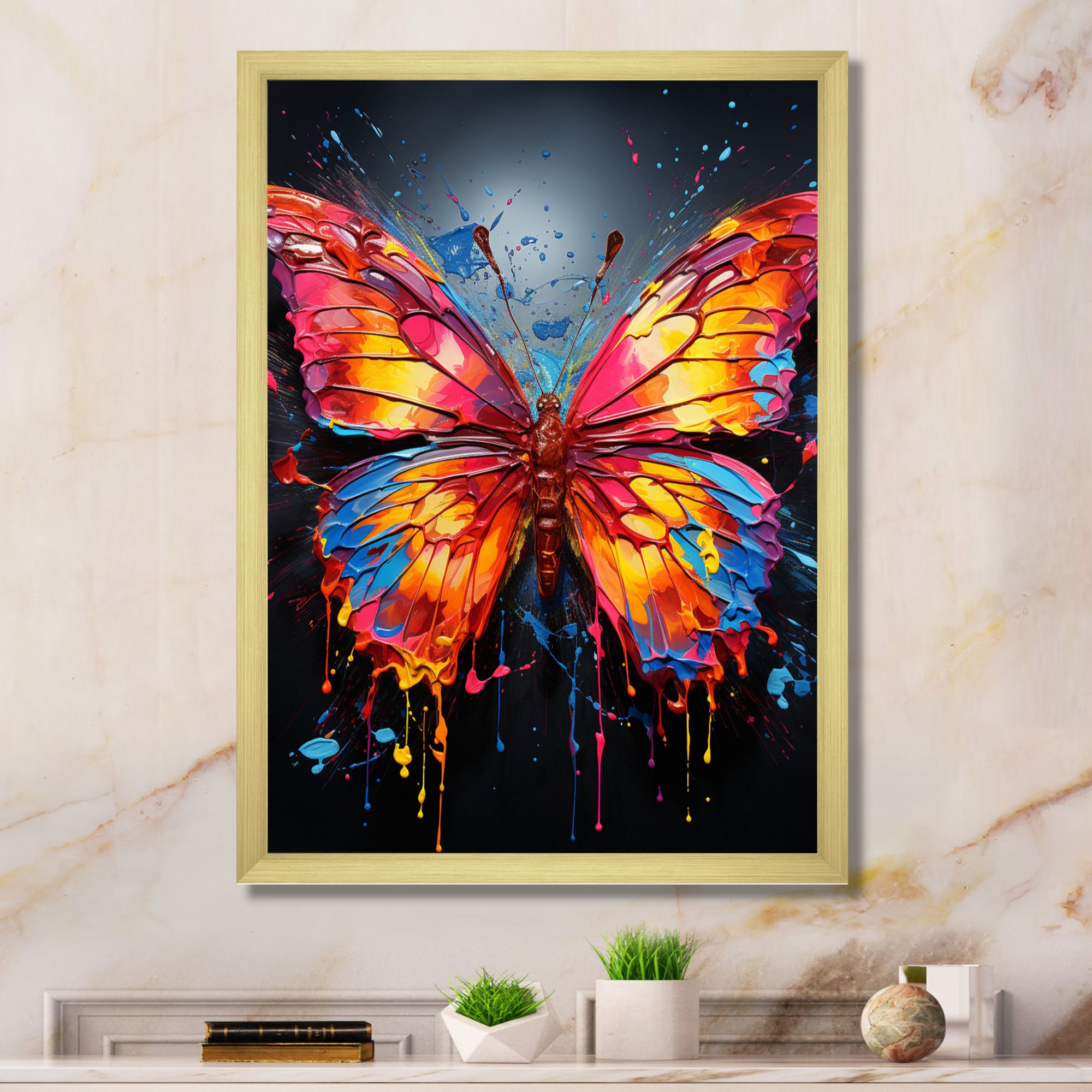 Coral Yellow Neon Butterfly Electric - Butterfly Framed Canvas Art