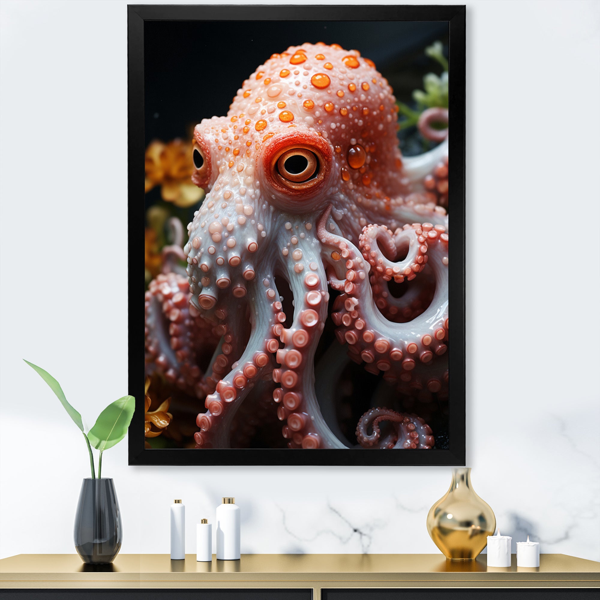 Coral Octopus Lunar Reflections - Octopus Living Room Wall Art