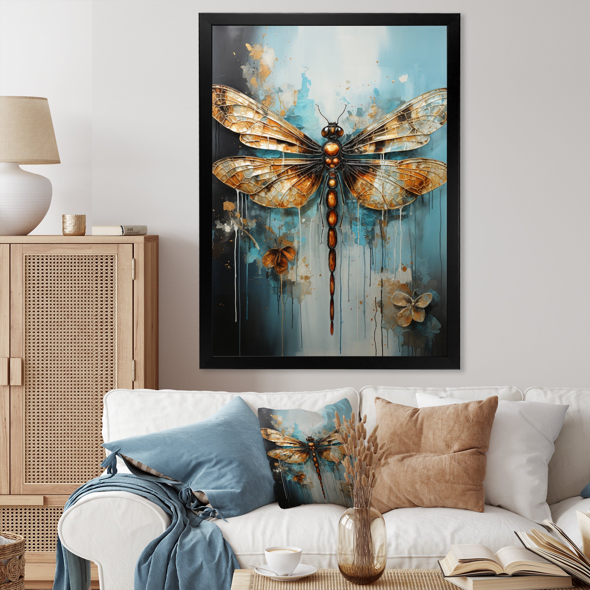 Gold Animal Turquoise Dragonfly Drips - Dragonfly Framed Canvas Art