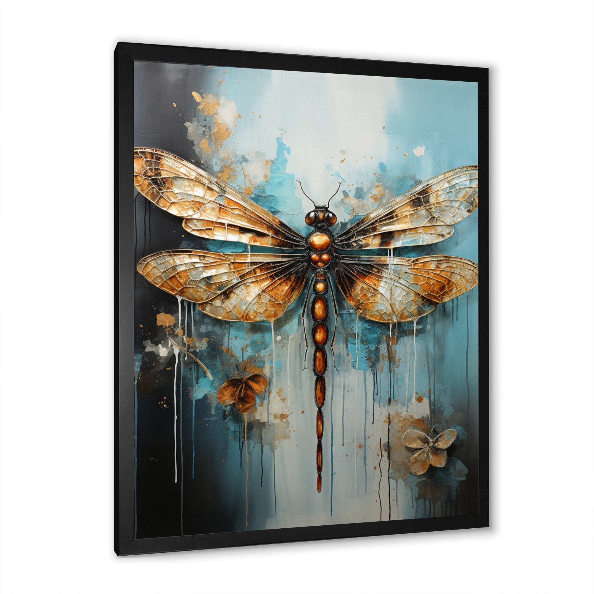Gold Animal Turquoise Dragonfly Drips - Dragonfly Framed Canvas Art