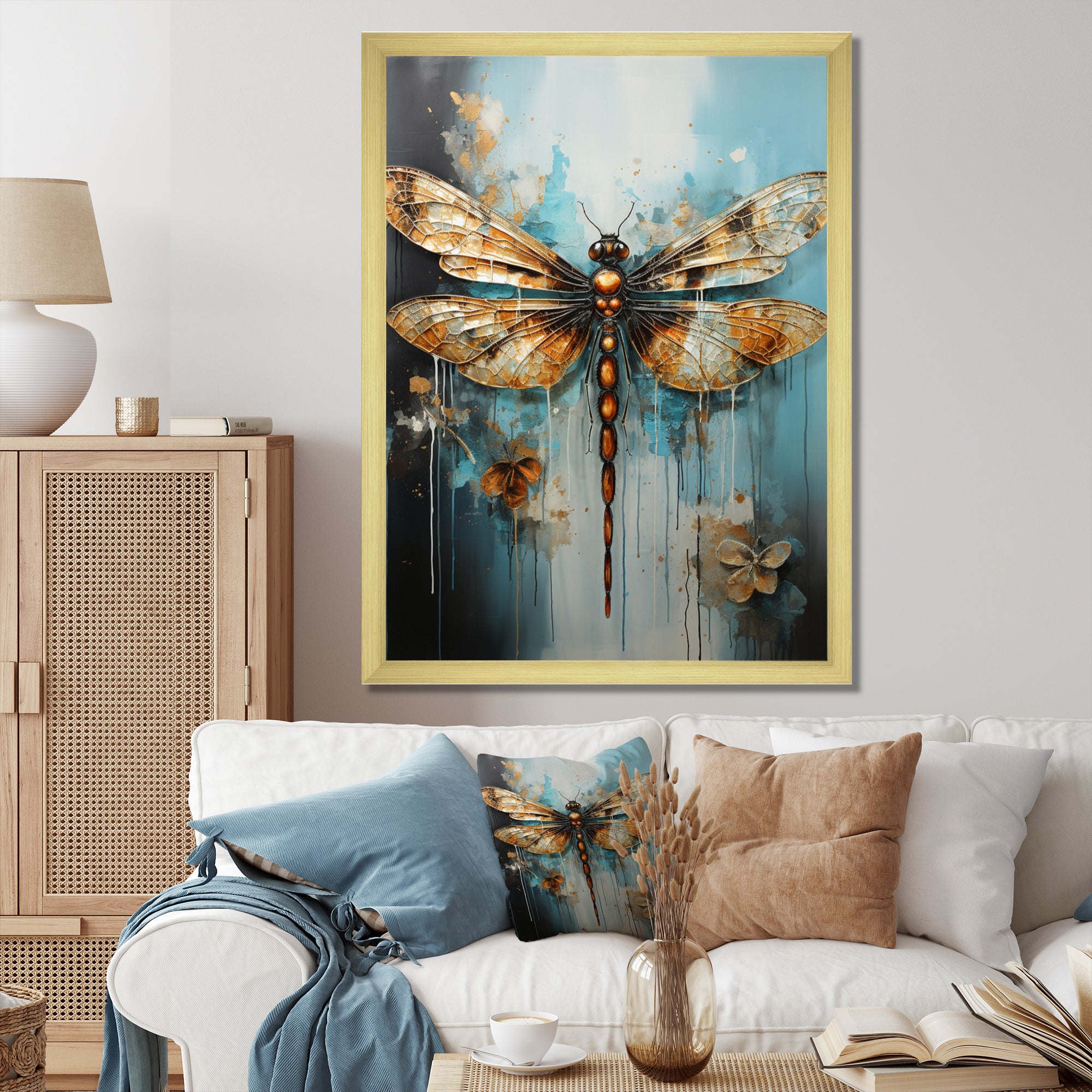 Gold Animal Turquoise Dragonfly Drips - Dragonfly Framed Canvas Art