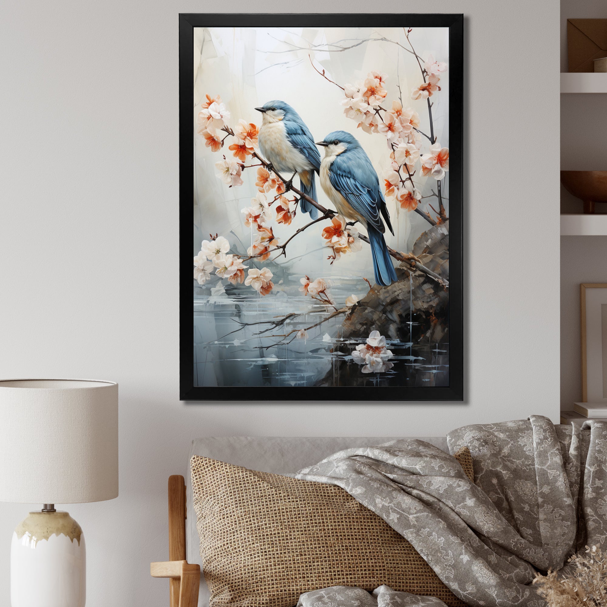 River Cascades and Birds - Blue Bird Floral Wall Art