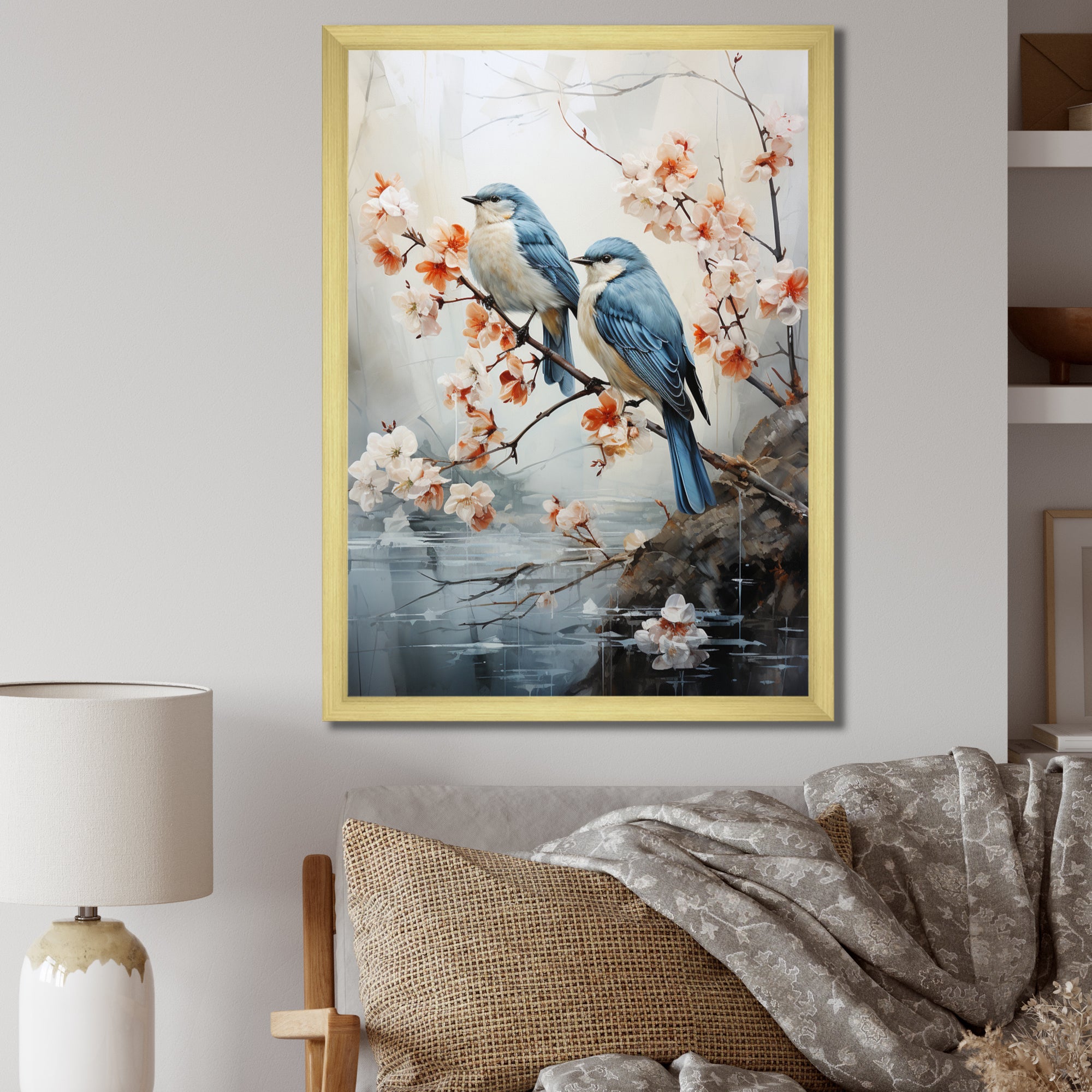 River Cascades and Birds - Blue Bird Floral Wall Art