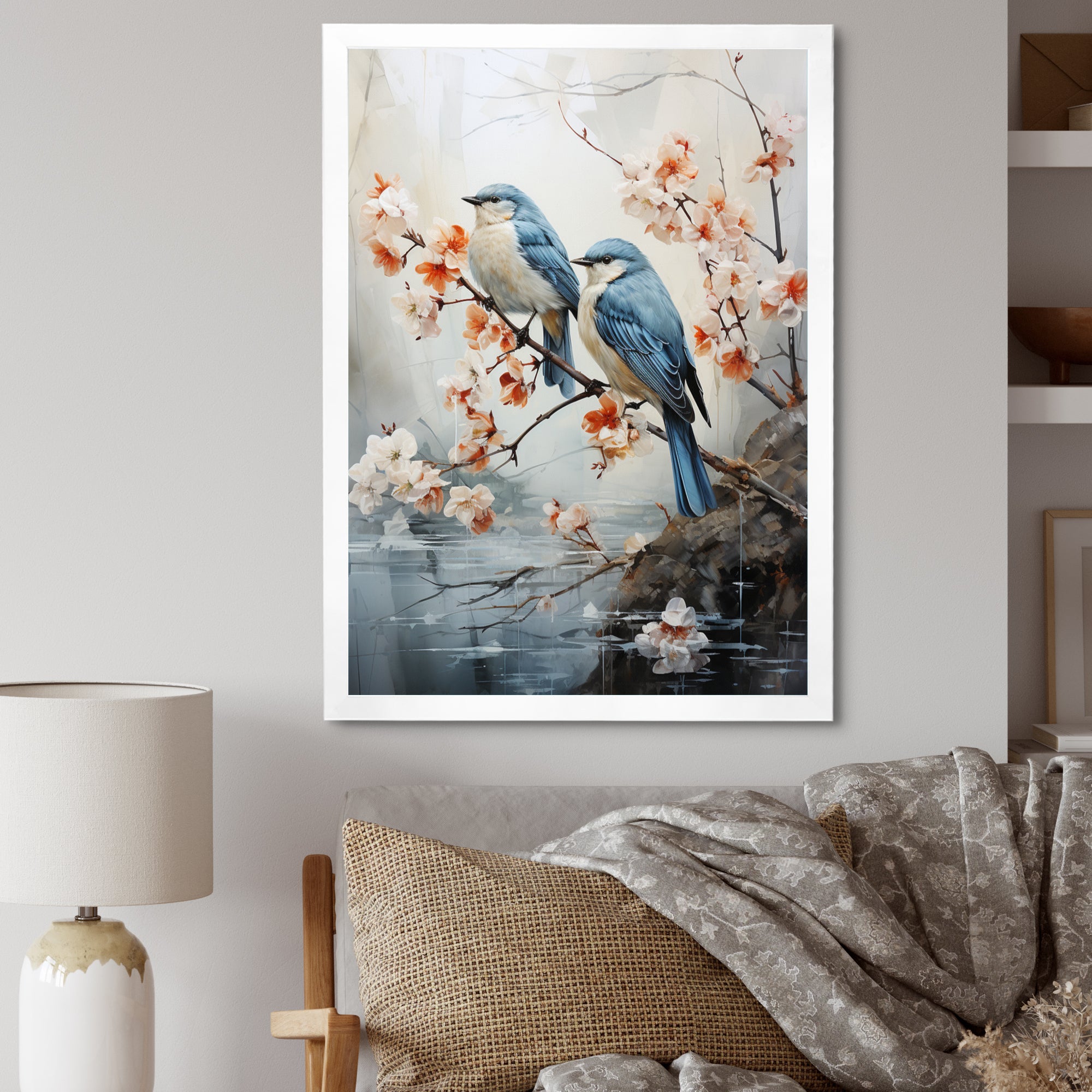 River Cascades and Birds - Blue Bird Floral Wall Art