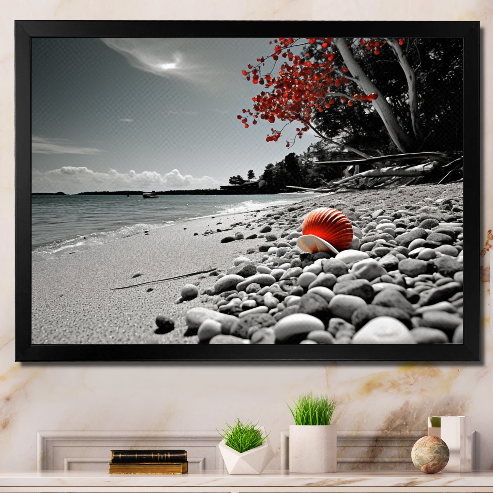 Grey Red Beach Seashell Symphony - Seashell Canvas Wall Art