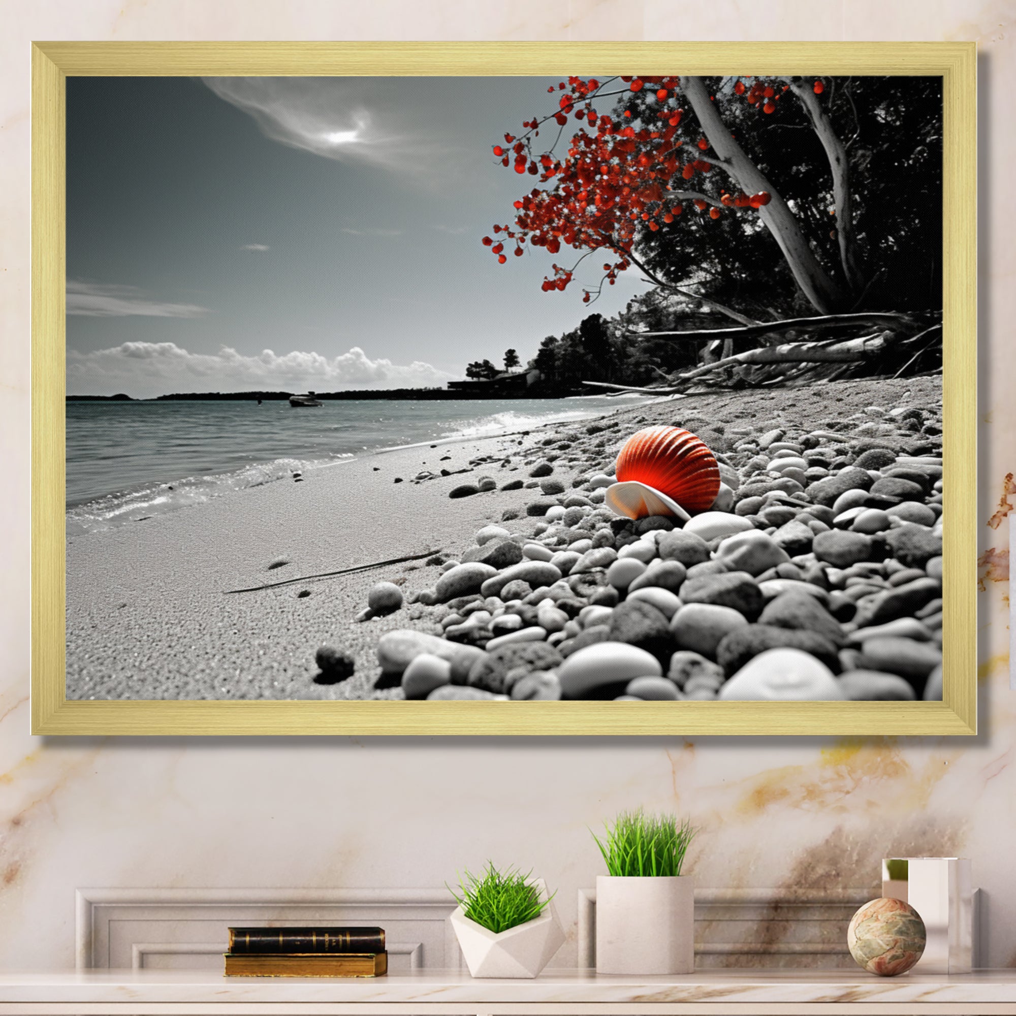 Grey Red Beach Seashell Symphony - Seashell Canvas Wall Art