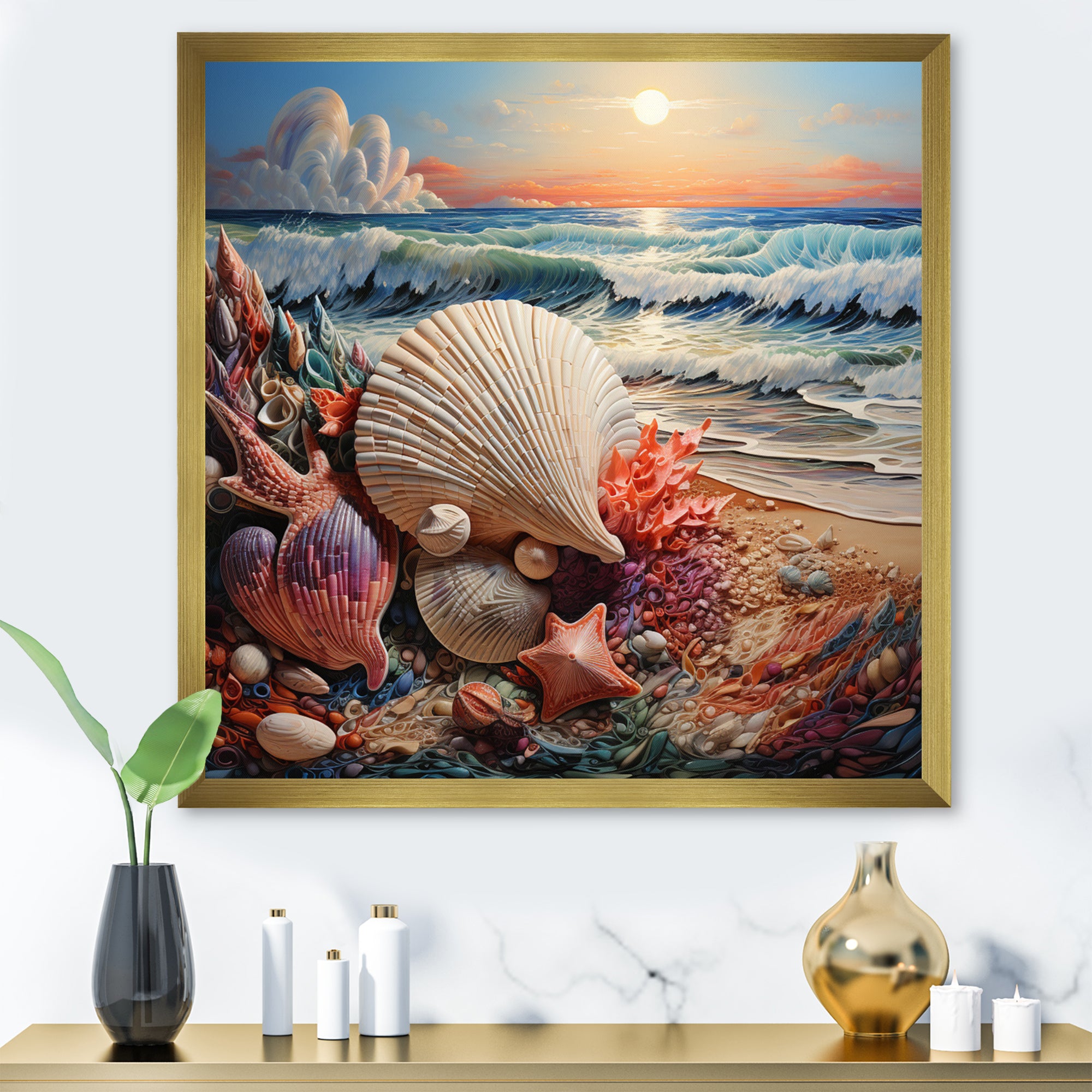 Seashell At Beach Symphony Pointillism - Seashell Wall Decor