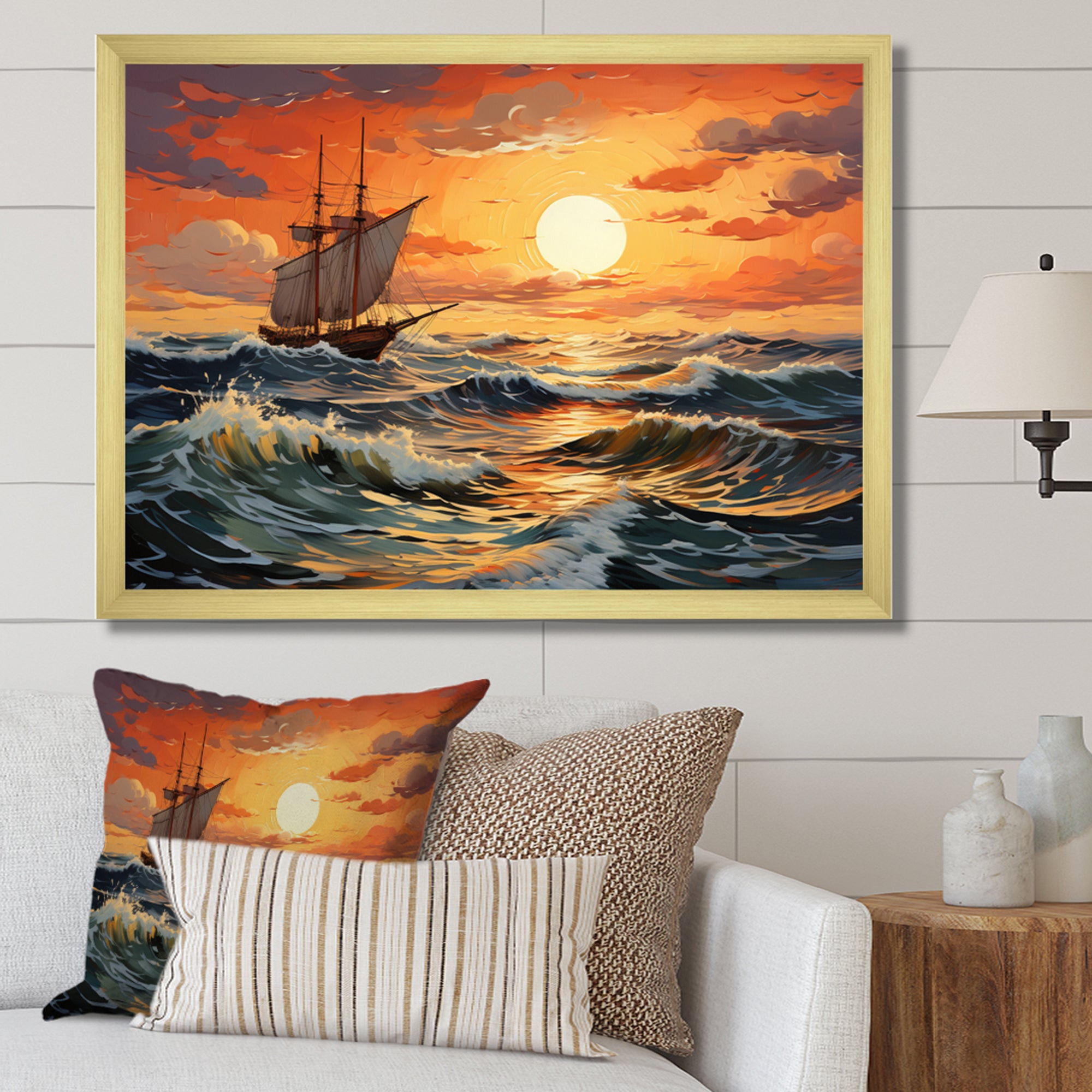 Orange Teal boat Energetic Storm I - Boat Canvas Wall Art