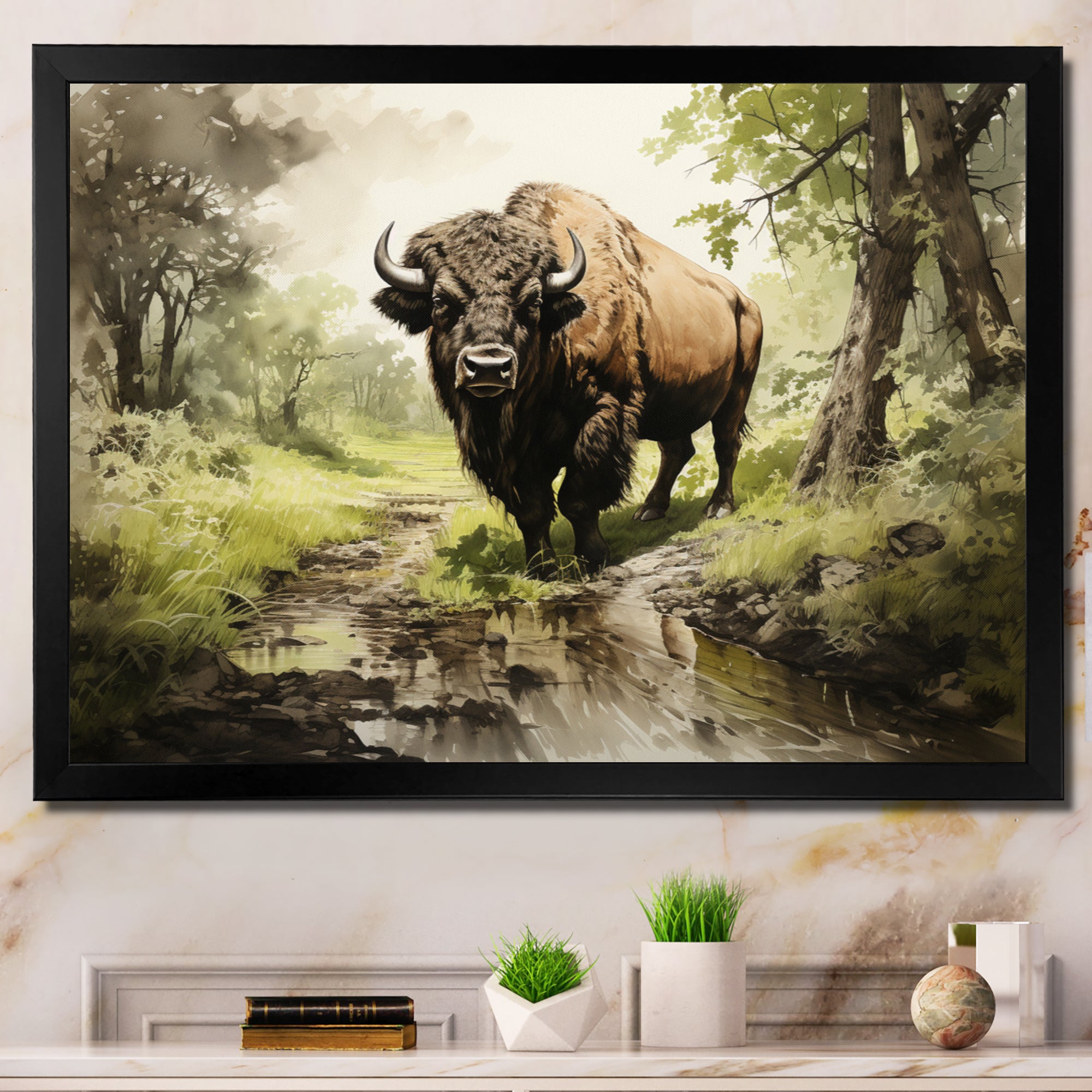 Brown Green Buffalo Shadows Of Serenity - Buffalo Large Canvas Wall Art