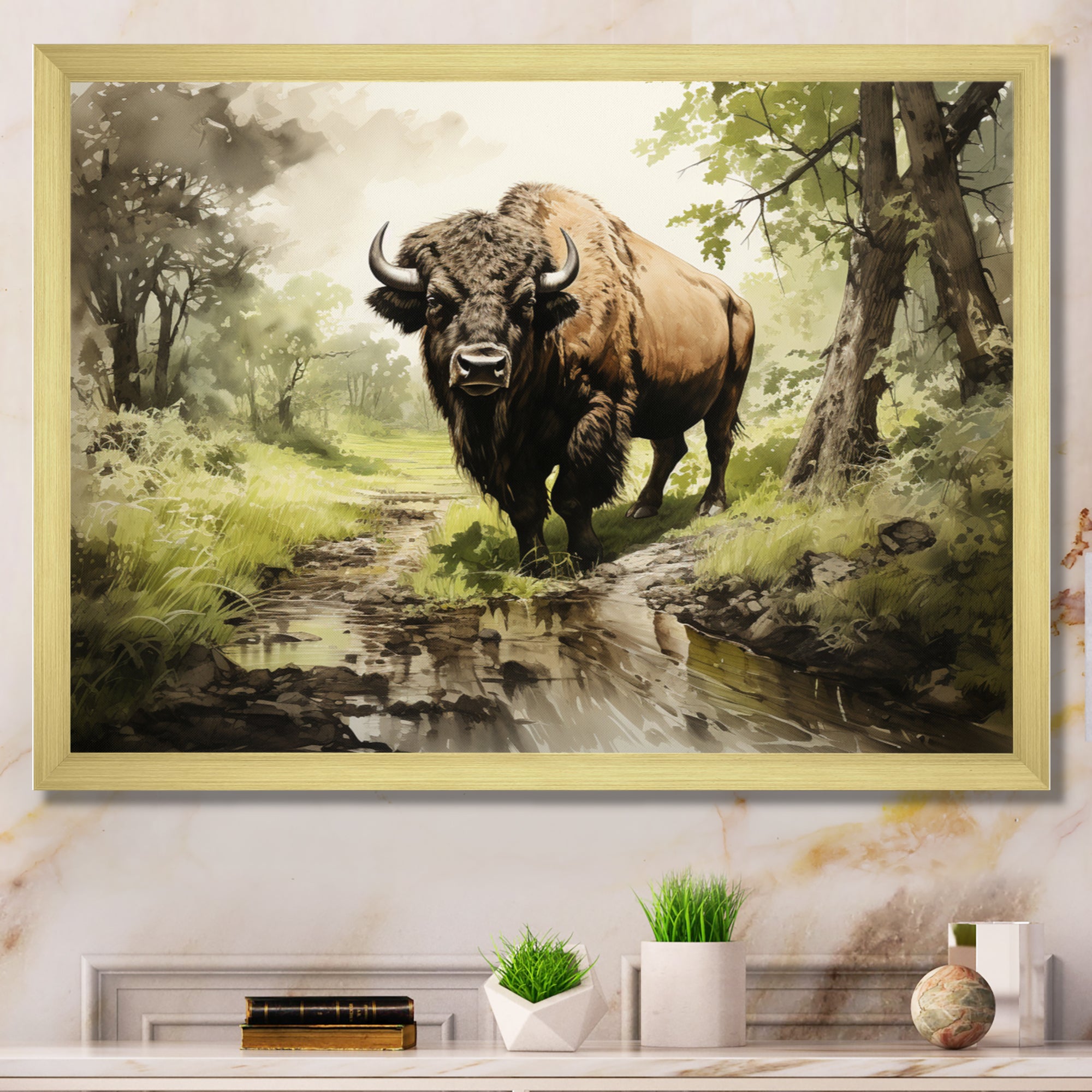Brown Green Buffalo Shadows Of Serenity - Buffalo Large Canvas Wall Art