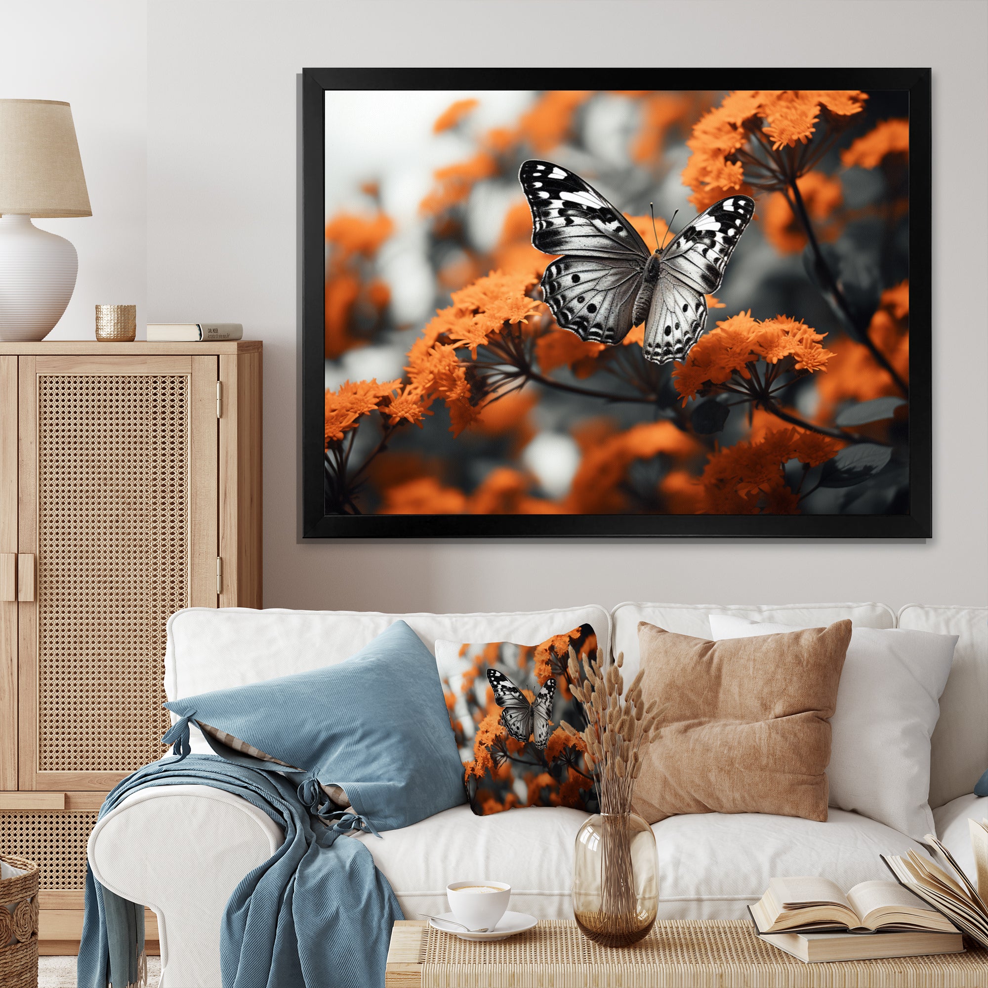 Coral Black Butterfly Fluttering Grace - Coral Butterfly Wall Art