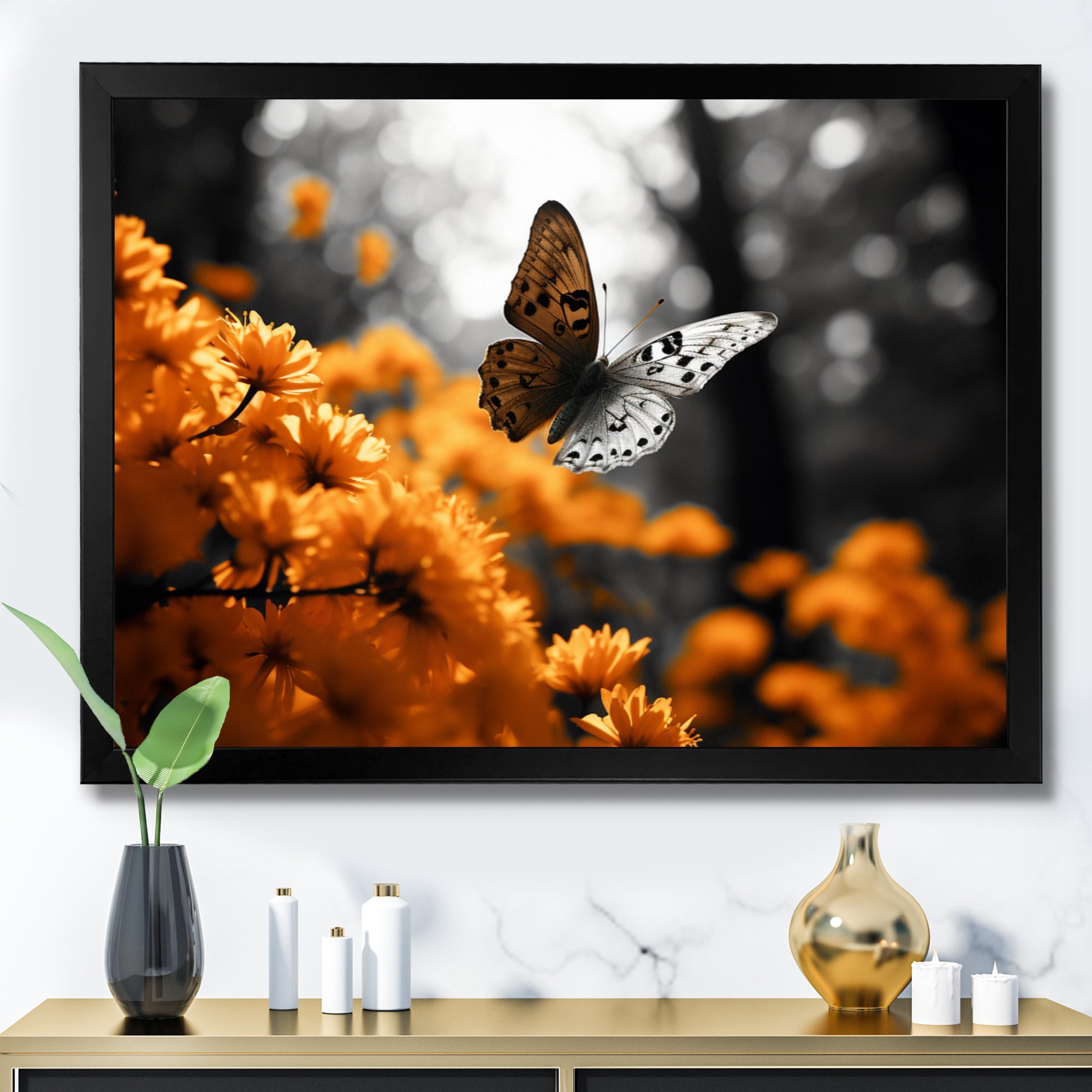 Orange Grey Butterfly Fluttering Grace - Orange Butterfly Wall Art