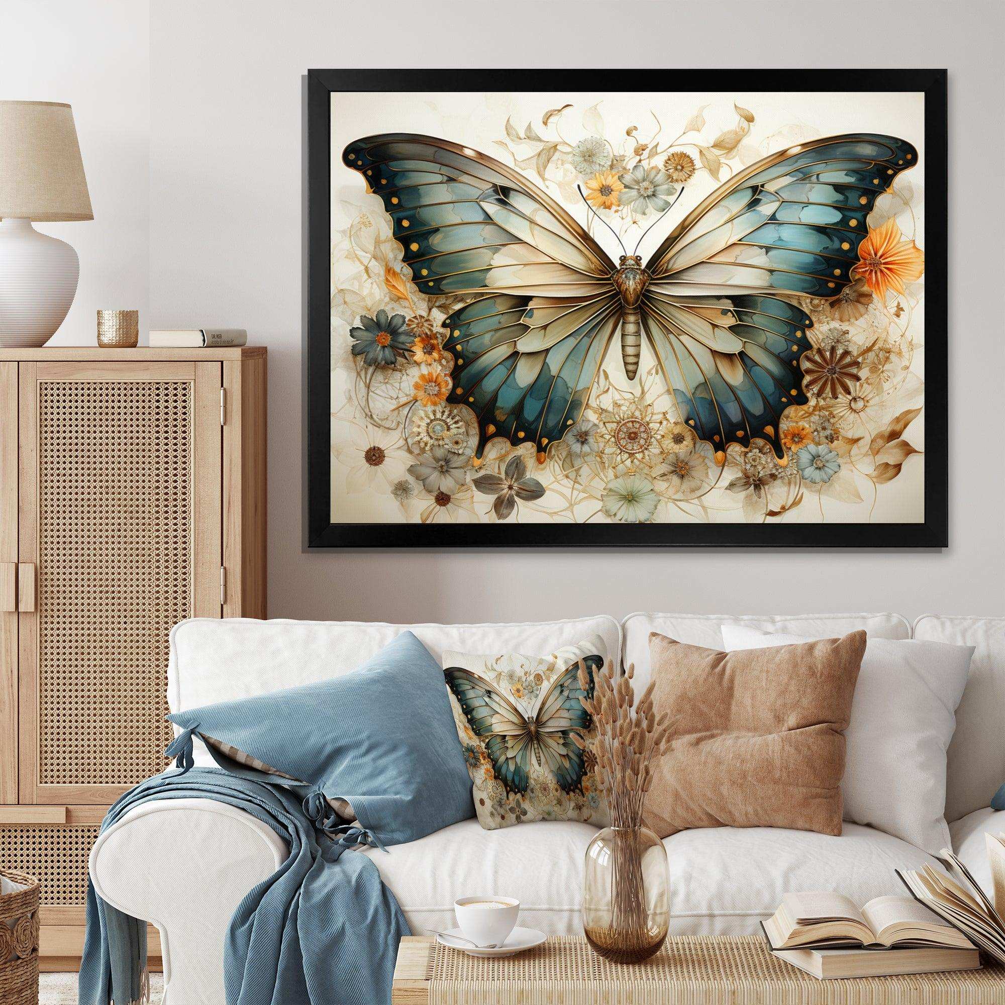 Teal Beige Butterfly Intricate Patterns - Animals Canvas Wall Art