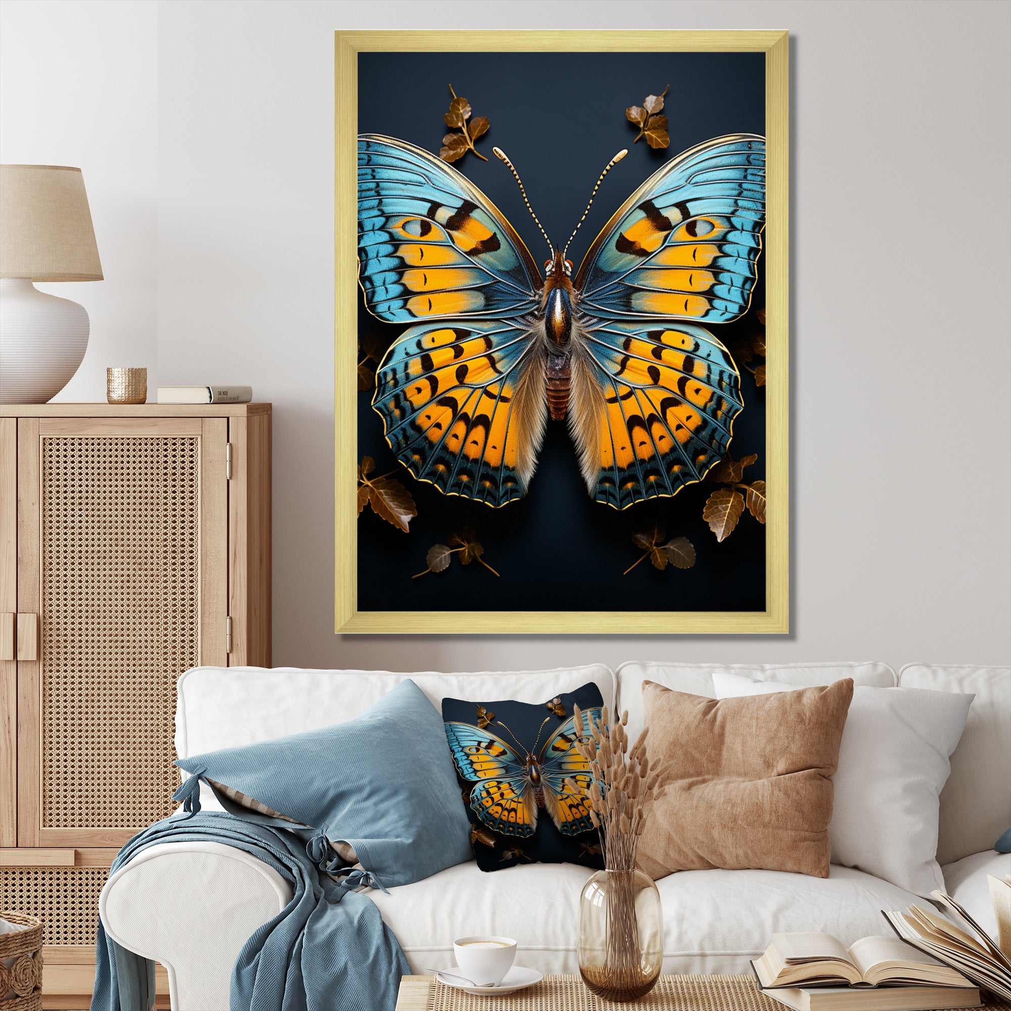 Teal Yellow Butterfly Animal - Butterfly Living Room Wall Art