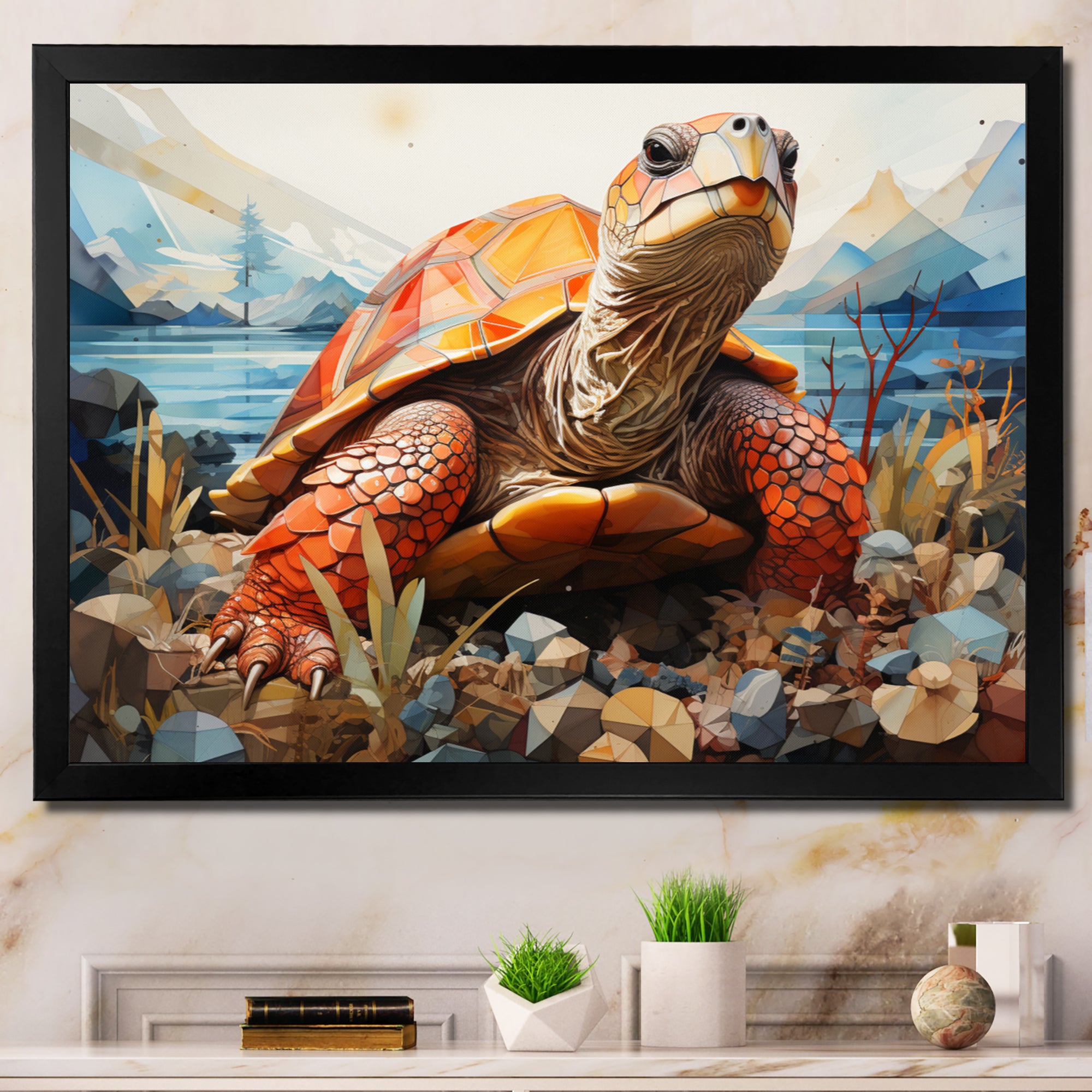 Turtle Portrait Geometric At Beach - Turtle Framed Canvas Art