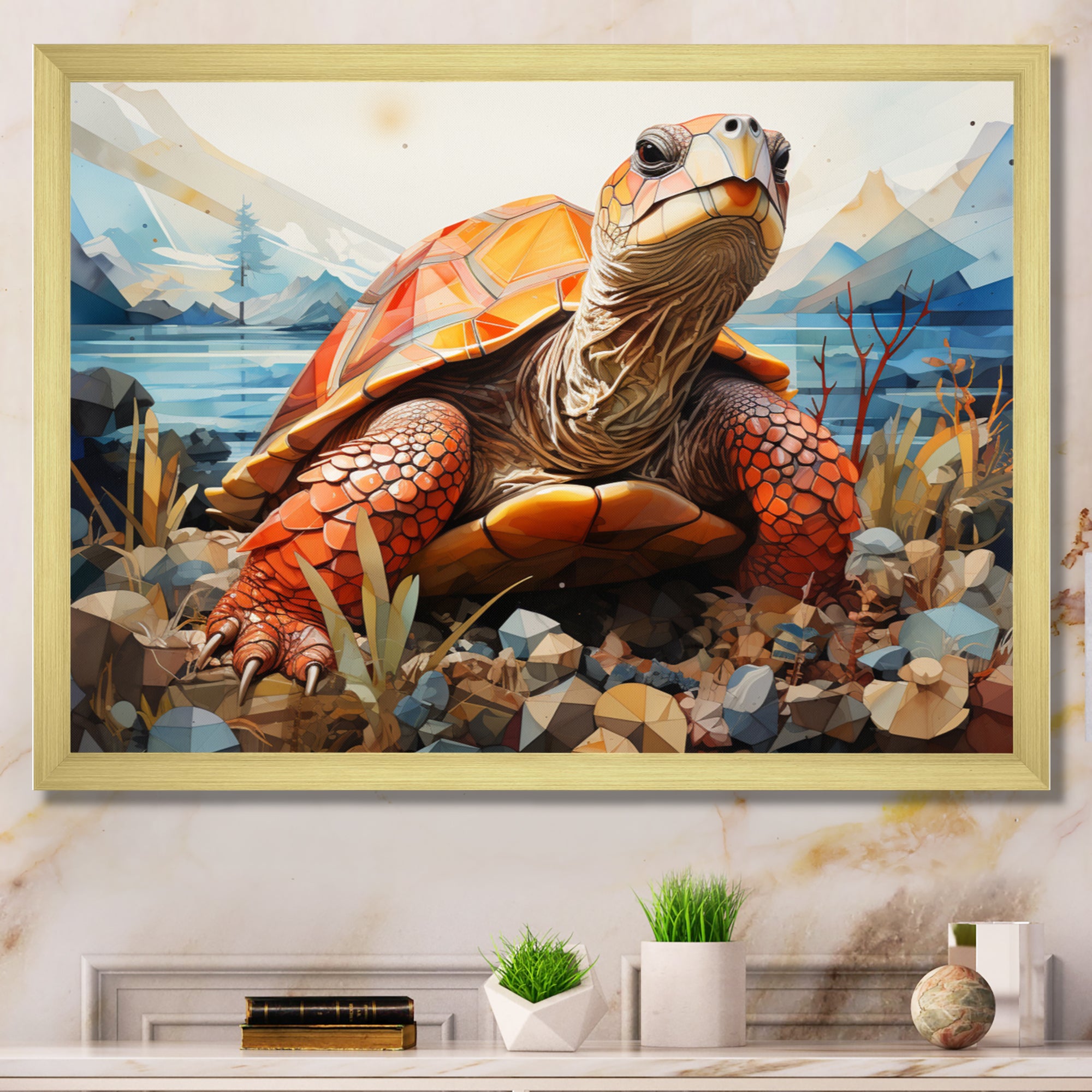 Turtle Portrait Geometric At Beach - Turtle Framed Canvas Art