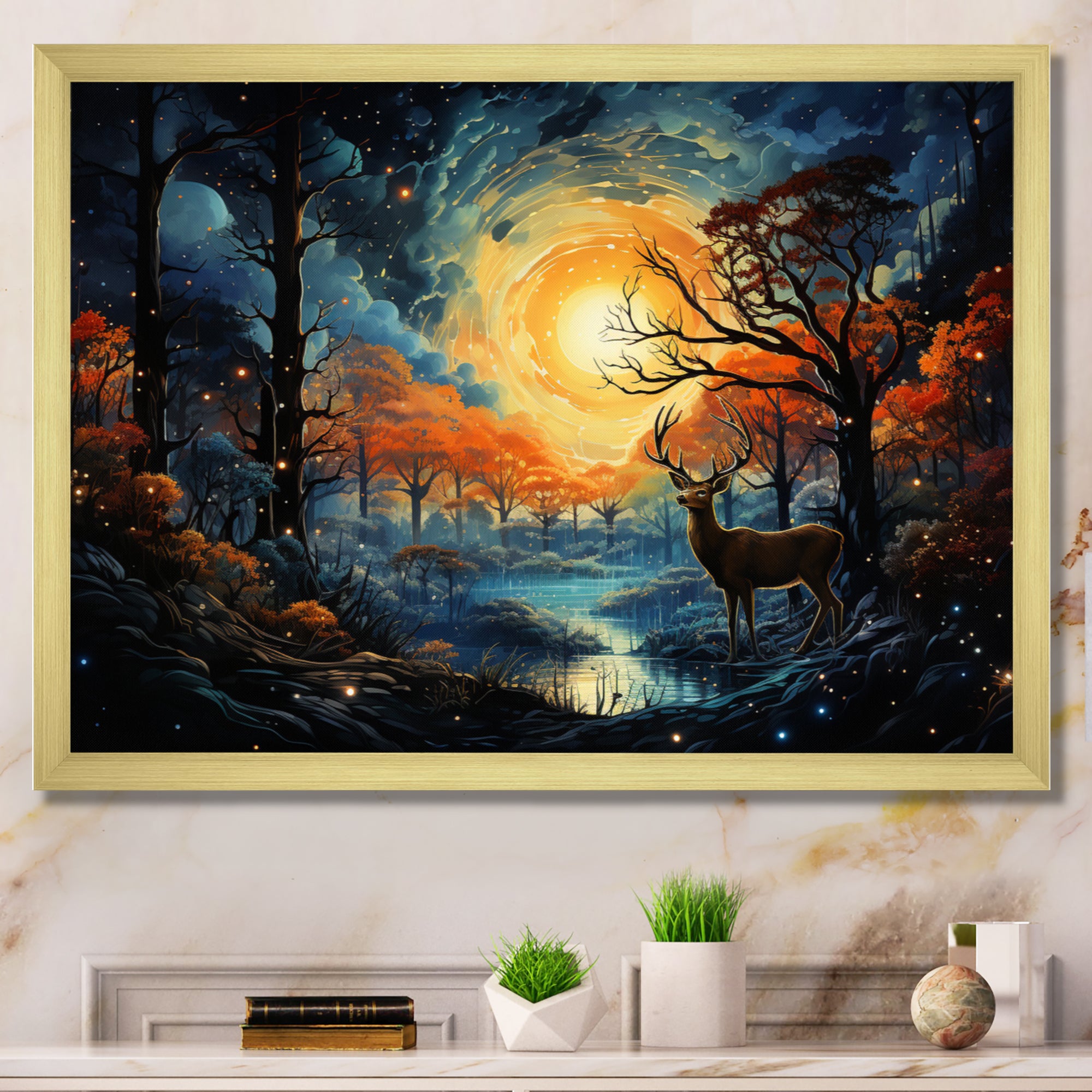 Deer Celestial Symphony - Deer Framed Canvas Art