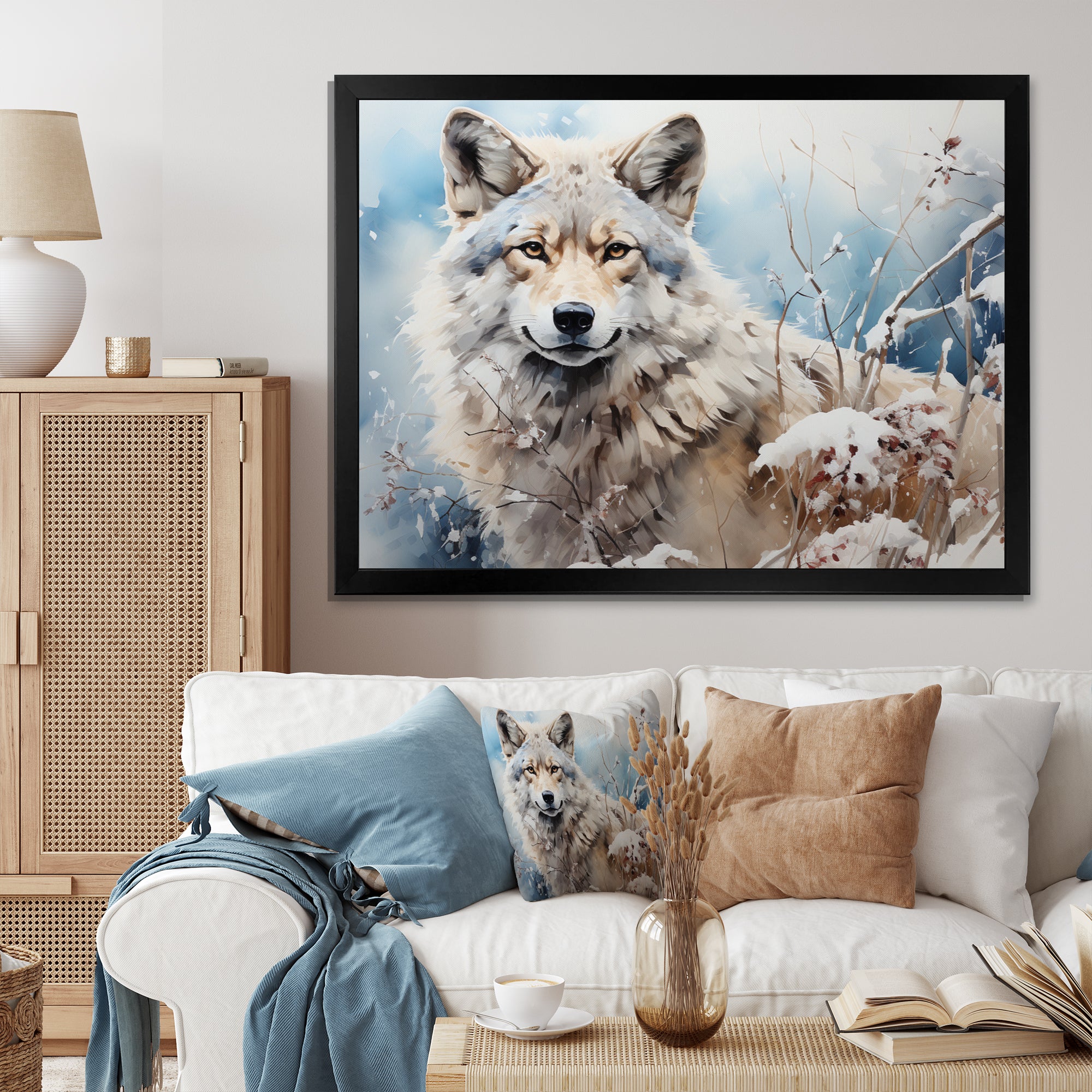 Wolf Winters Embrace - Deer Framed Canvas Art