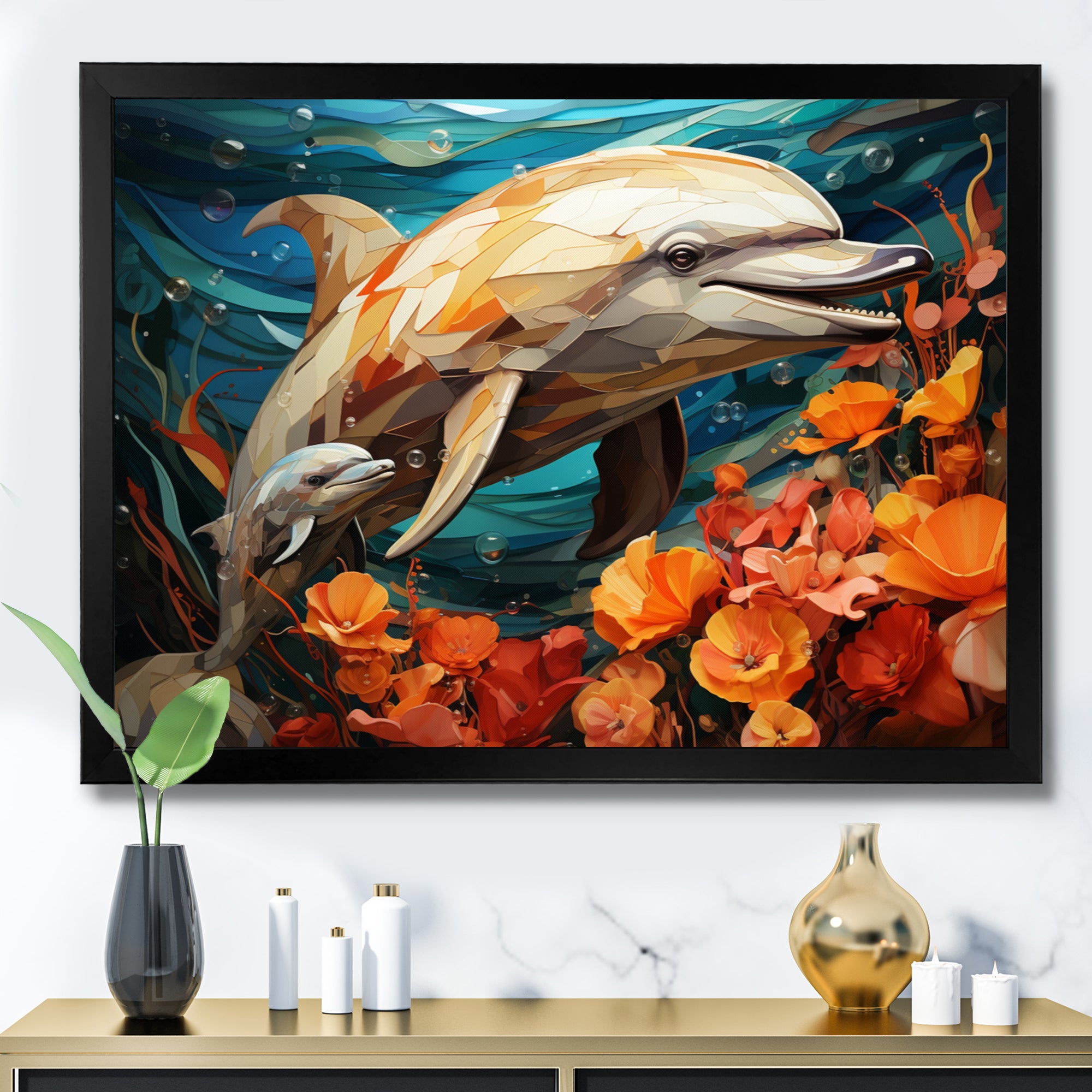 Dolphin Marine Symphony Geometric - Orange Dolphin Wall Art
