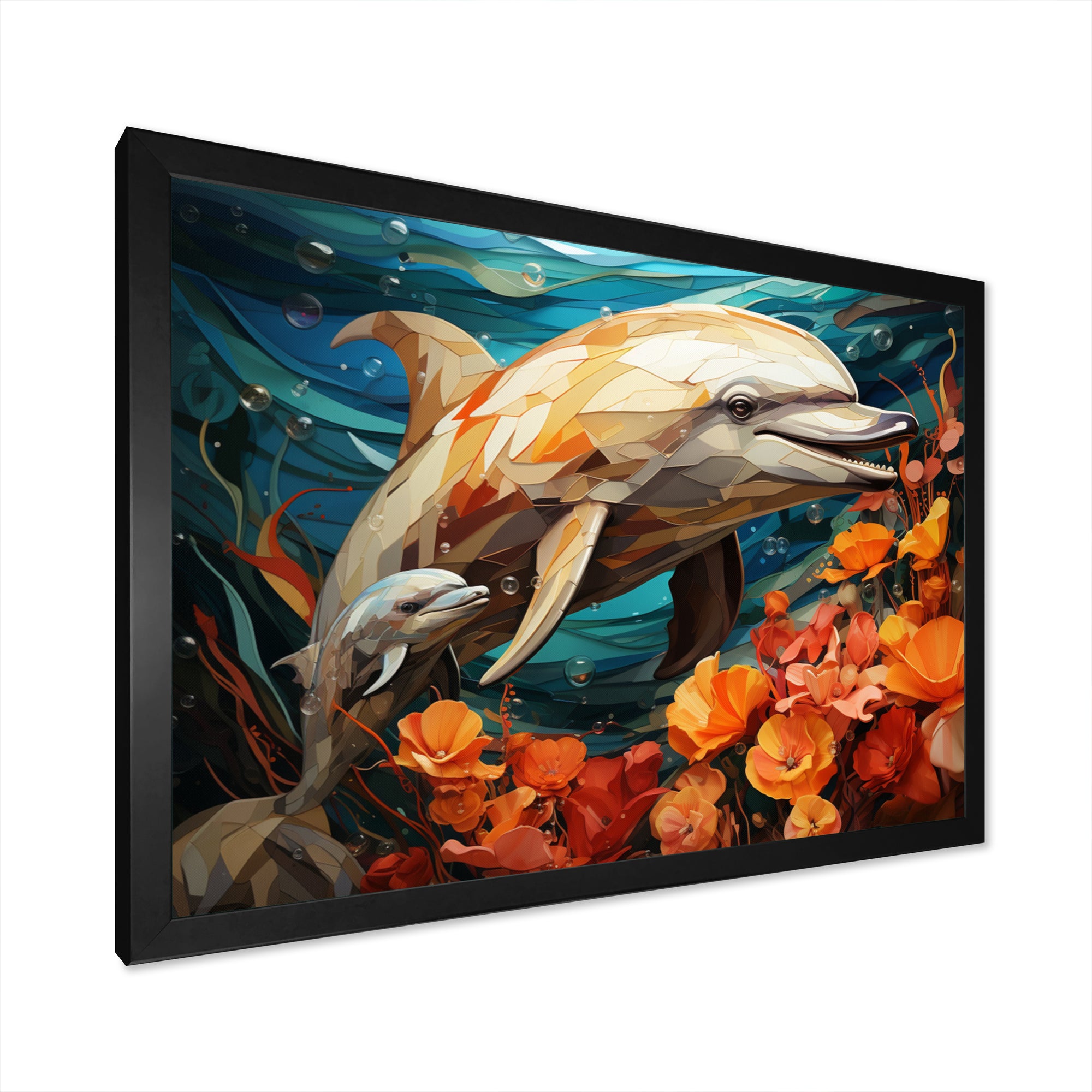 Dolphin Marine Symphony Geometric - Orange Dolphin Wall Art