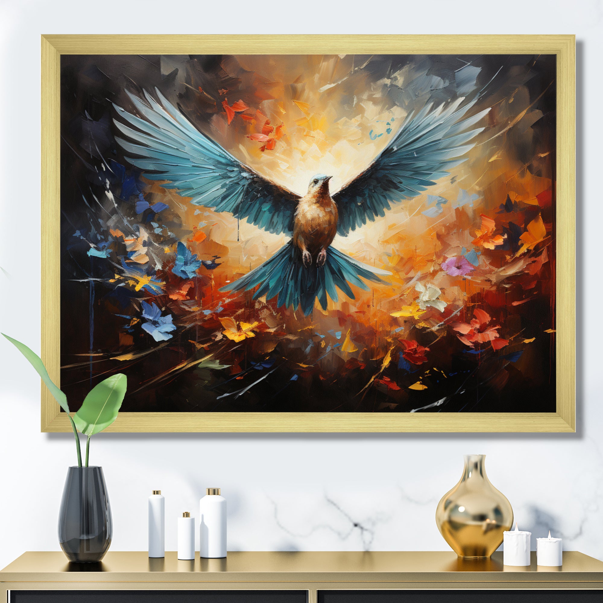 Teal Dove Winged Harmony Collage - Dove Framed Canvas Art