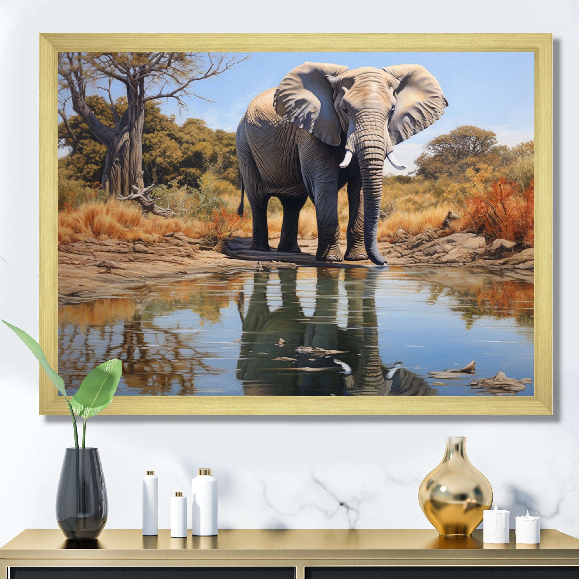 Elephant Reflection - Elephant Framed Canvas Art