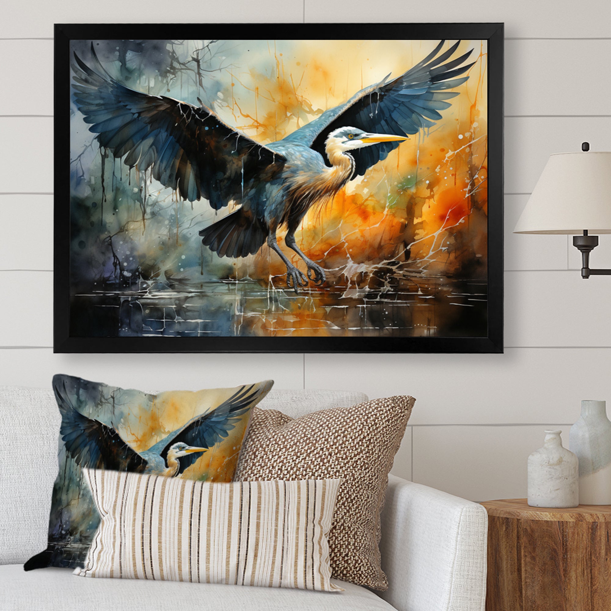 Teal Yellow Heron Elegance Unveiled Pointillism - Heron Wall Decor