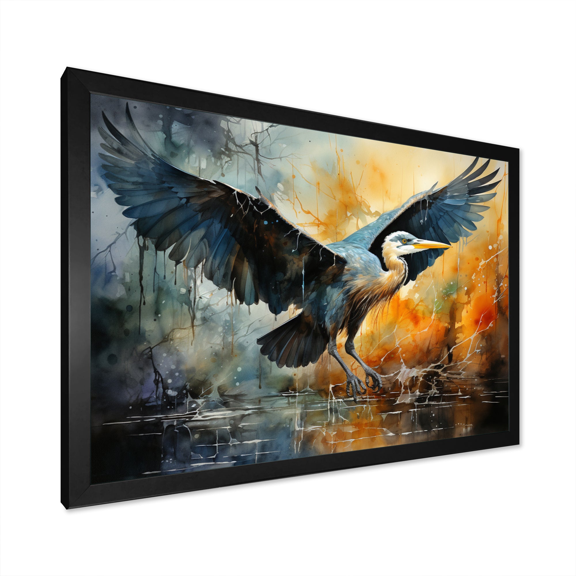 Teal Yellow Heron Elegance Unveiled Pointillism - Heron Wall Decor