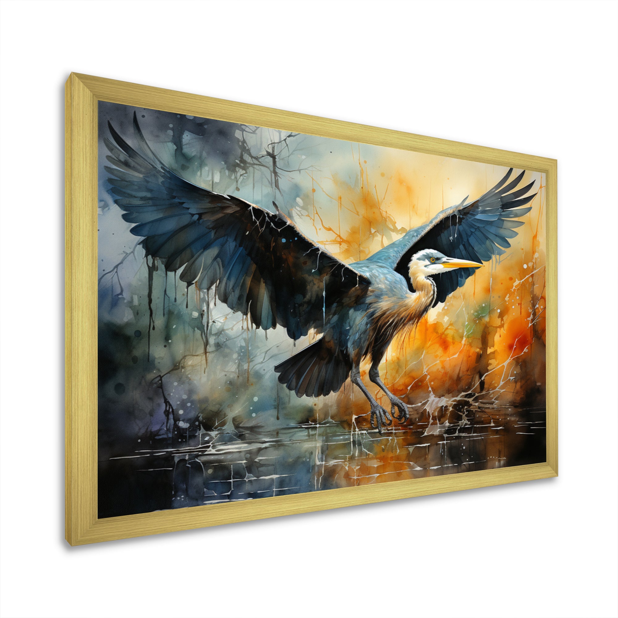 Teal Yellow Heron Elegance Unveiled Pointillism - Heron Wall Decor