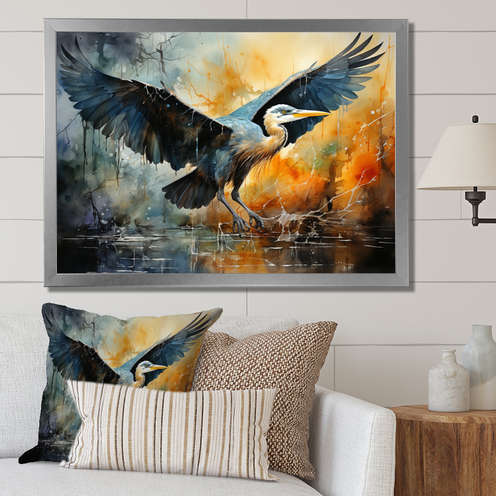 Teal Yellow Heron Elegance Unveiled Pointillism - Heron Wall Decor