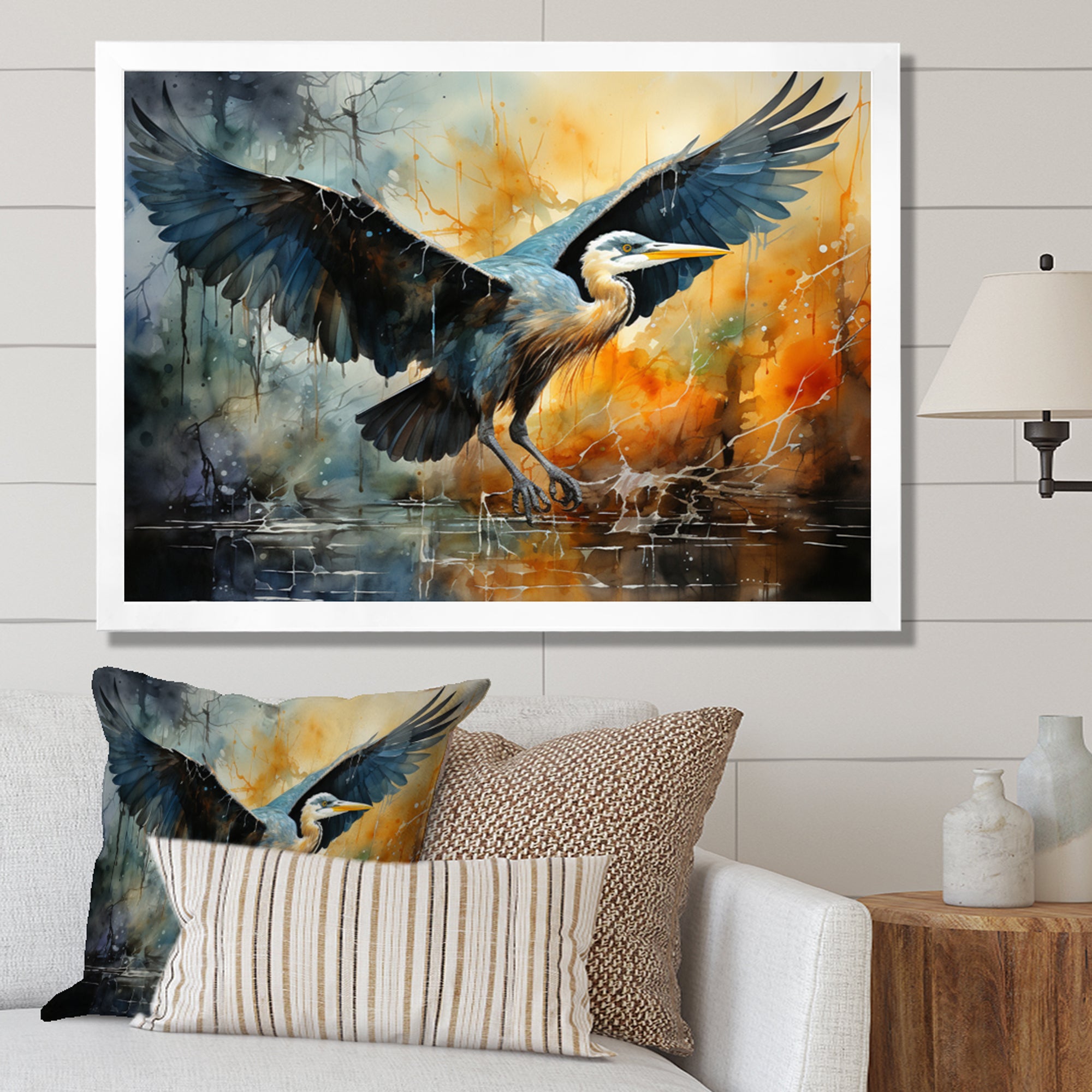 Teal Yellow Heron Elegance Unveiled Pointillism - Heron Wall Decor