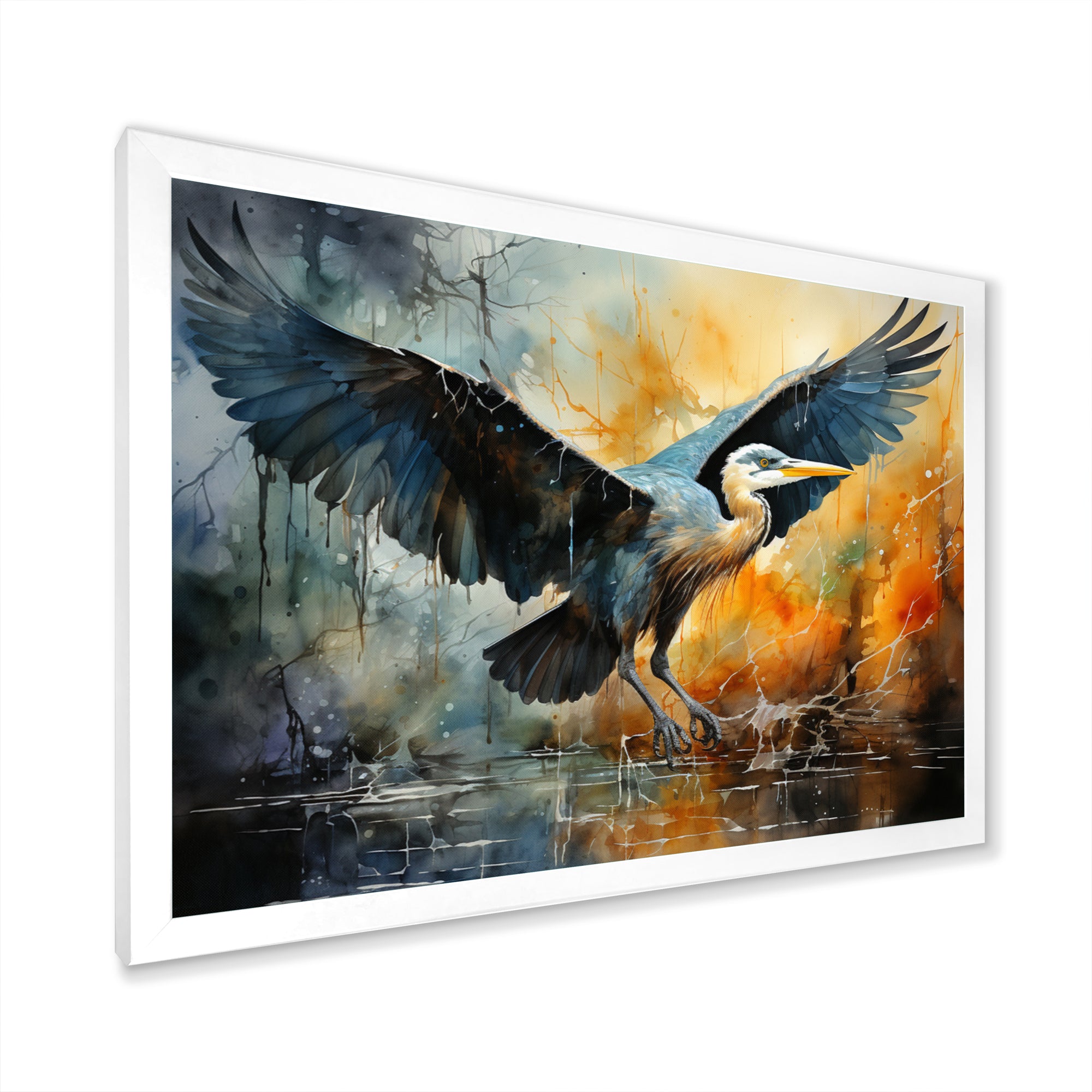 Teal Yellow Heron Elegance Unveiled Pointillism - Heron Wall Decor