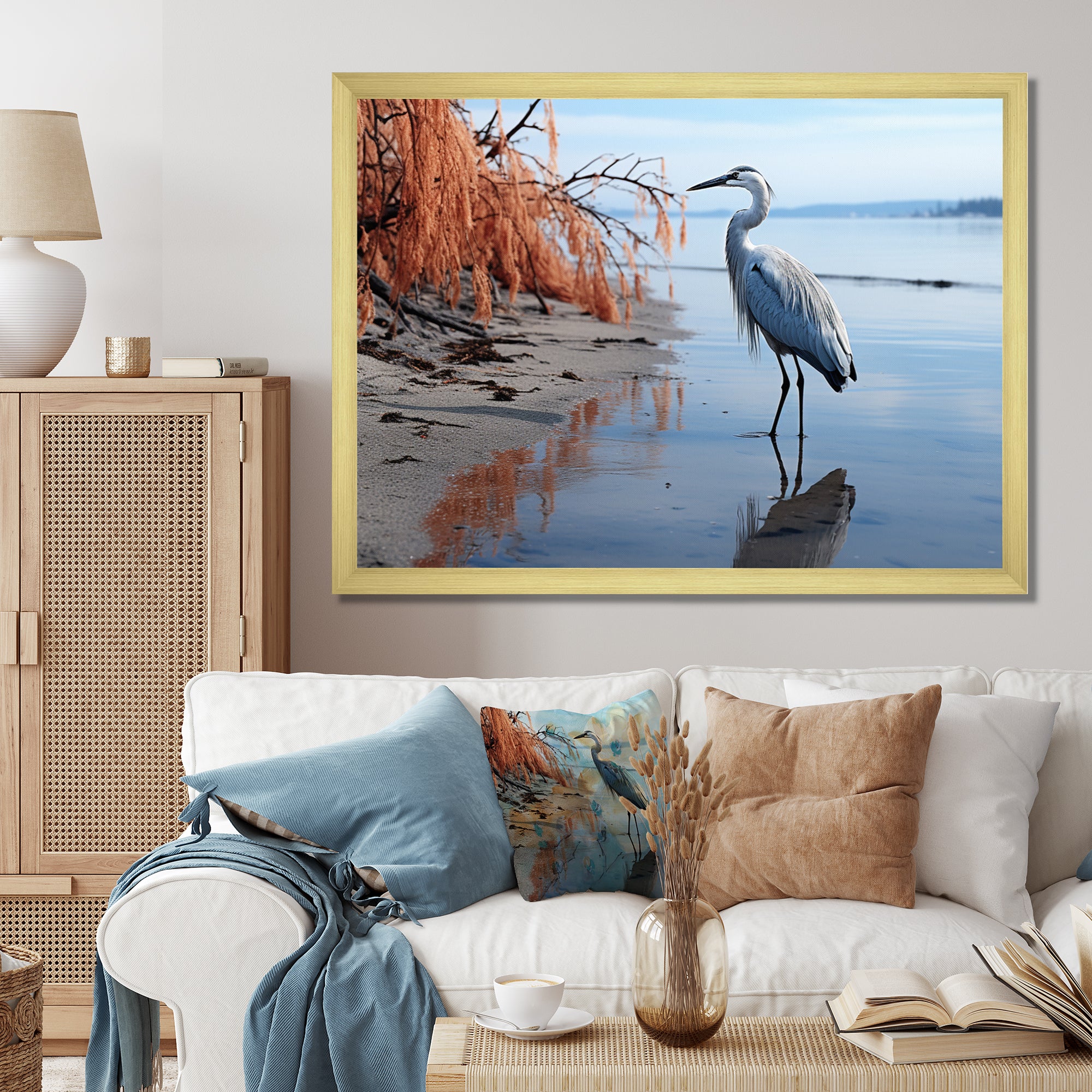 Heron Morning Stroll - Heron Framed Canvas Art
