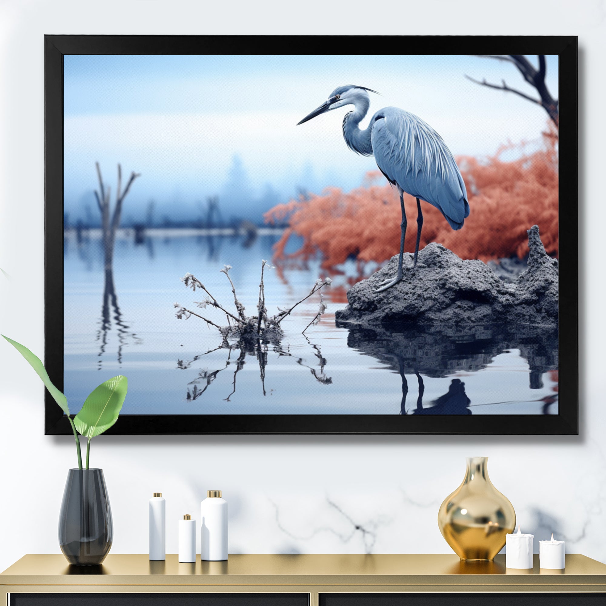 Heron Silent Waters Blue - Heron Canvas Wall Art