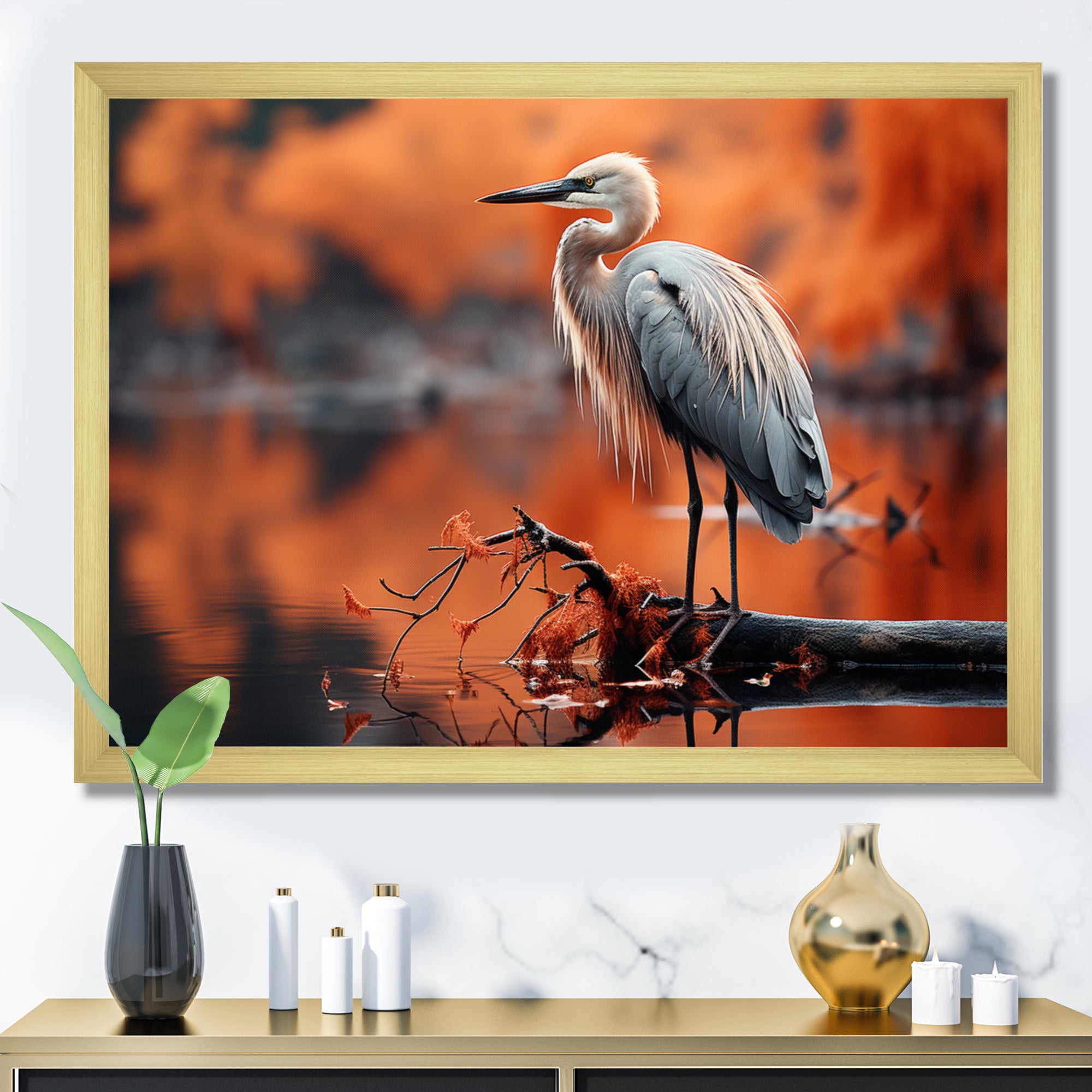 Grey Red Heron Solitude - Heron Wall Decor