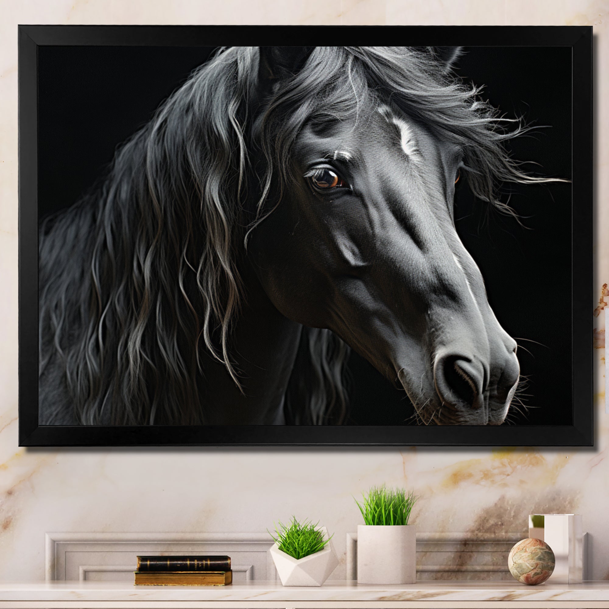 Black White Horse Portrait - Horse Canvas Wall Art