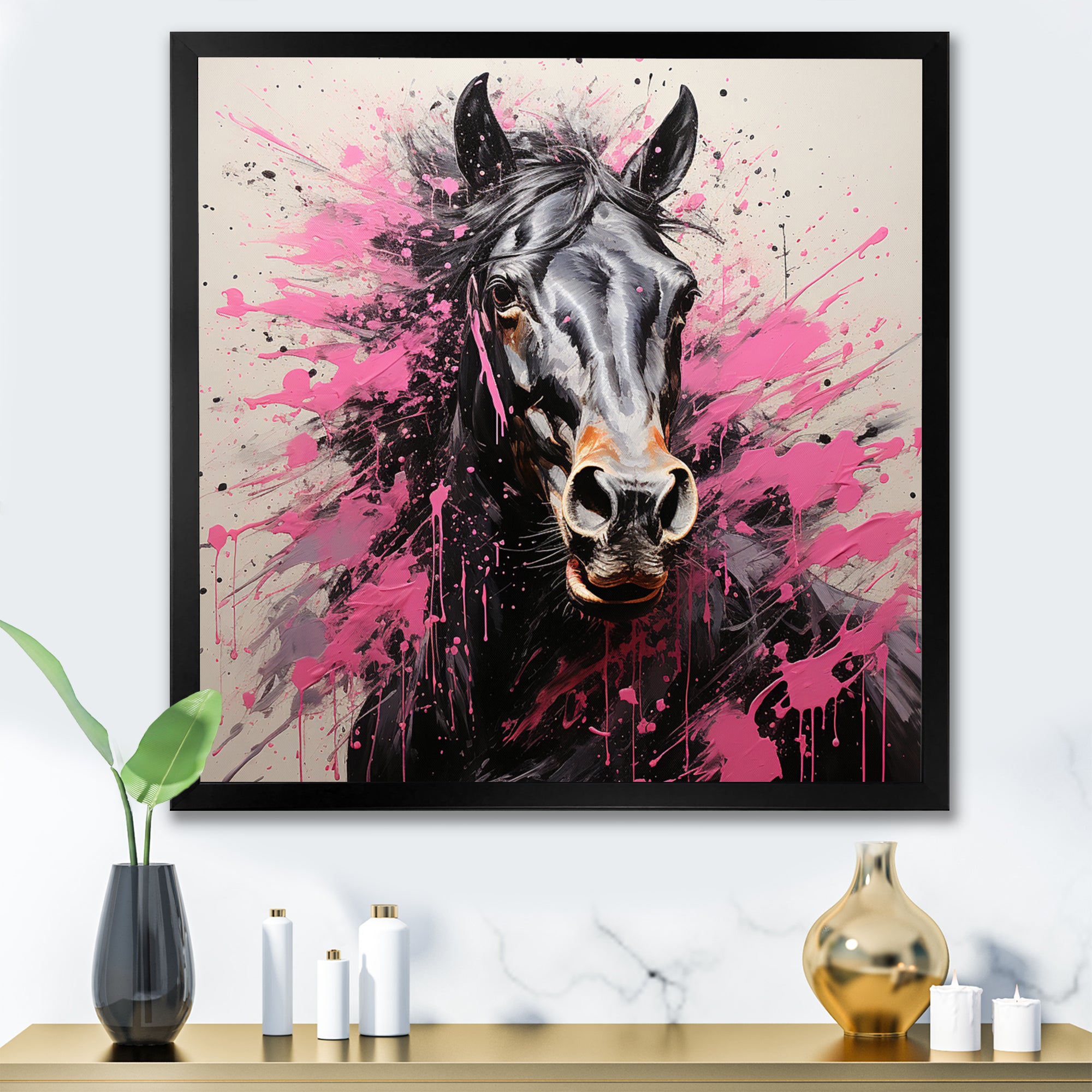 Black Pink Horse Vibrant Equine Pointillism - Horse Wall Decor