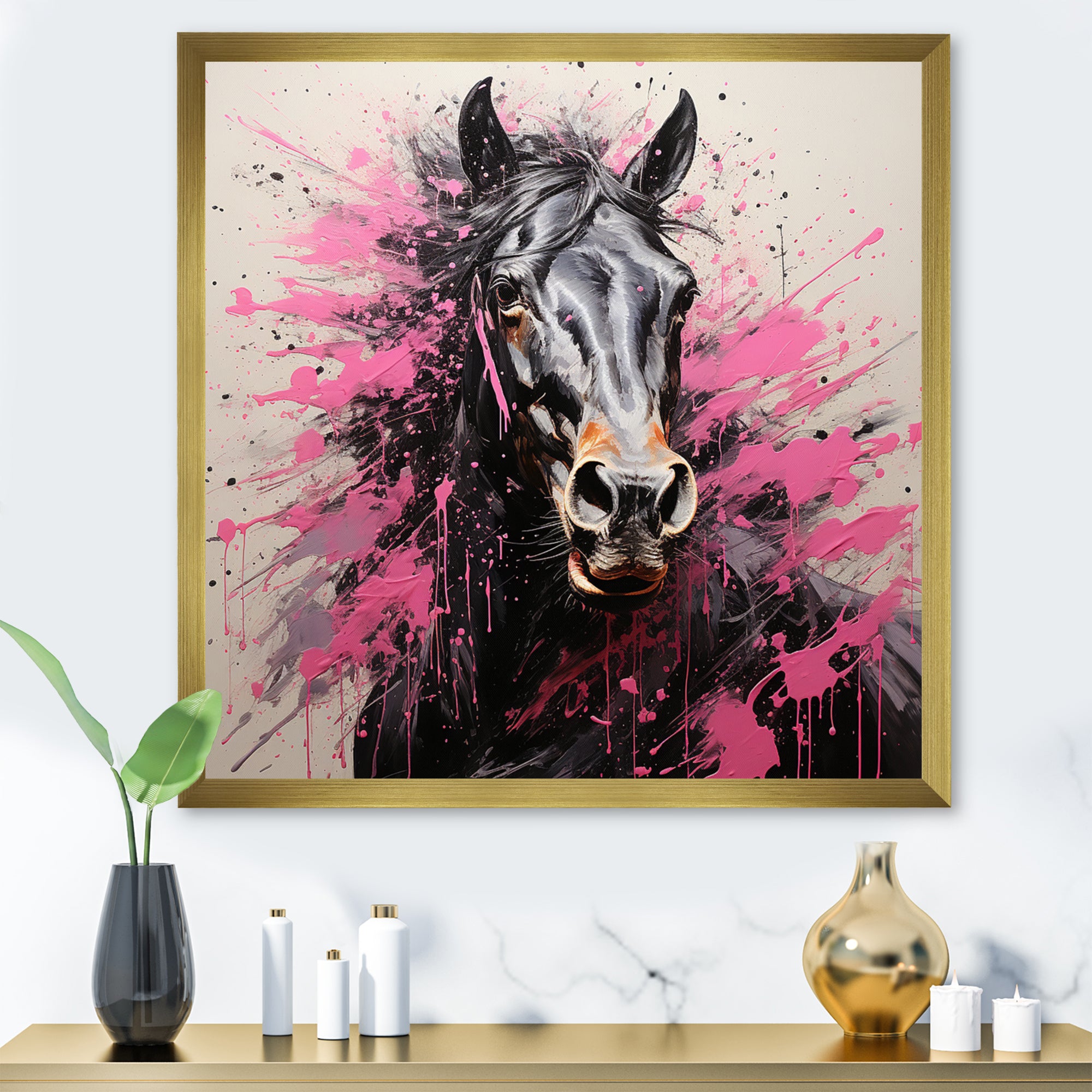 Black Pink Horse Vibrant Equine Pointillism - Horse Wall Decor