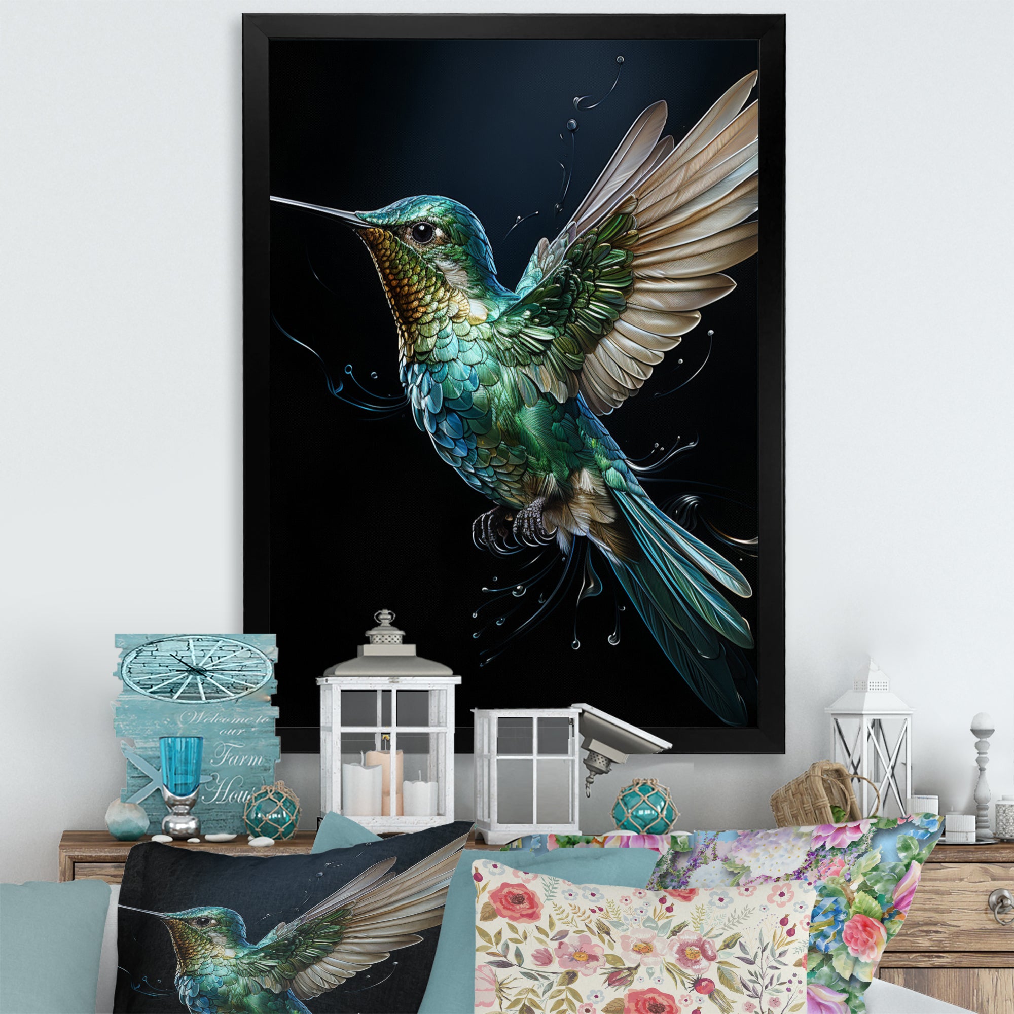Teal Black Hummingbird Aerial Grace - Hummingbird Home Decor Art