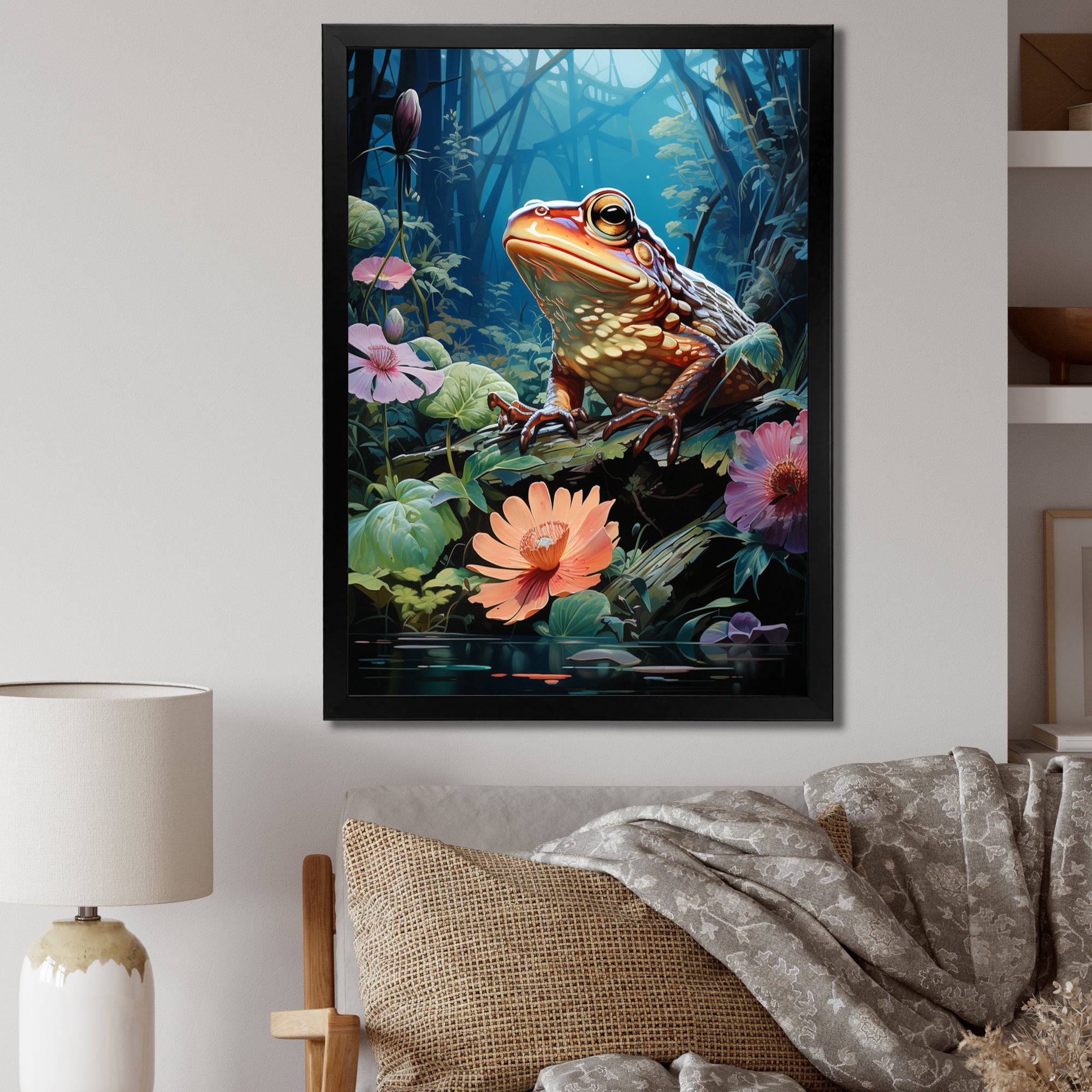 Japan Art Frog at Lotus Pond Reflection - Frog Wall Decor