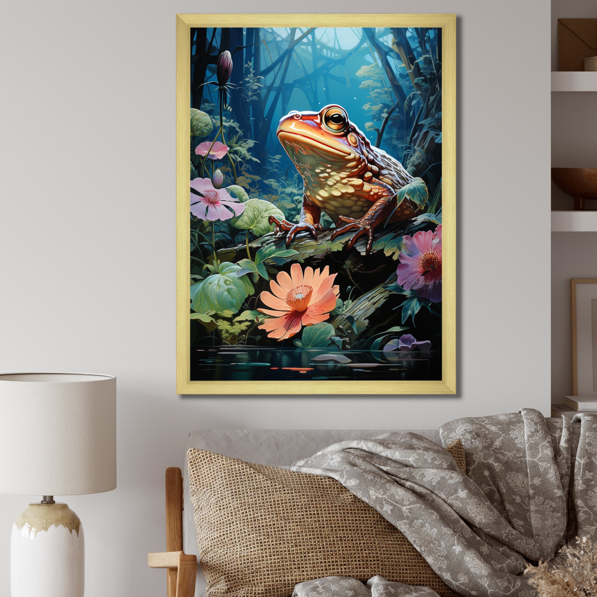 Japan Art Frog at Lotus Pond Reflection - Frog Wall Decor